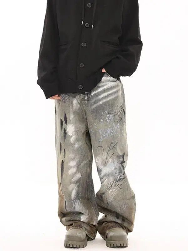 VIBE Street graffiti hand-painted distressed washed baggy jeans Size US 32 / EU 48 - 2 Thumbnail