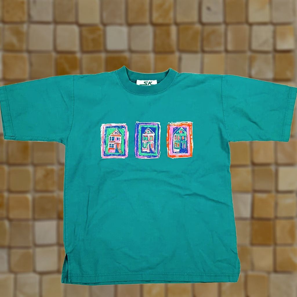 Altea VTG 90s Art Houses Painting Size S USA Made Teal Short Sleeve Retro T Shirt Mens Size US S / EU 44-46 / 1 - 1 Thumbnail