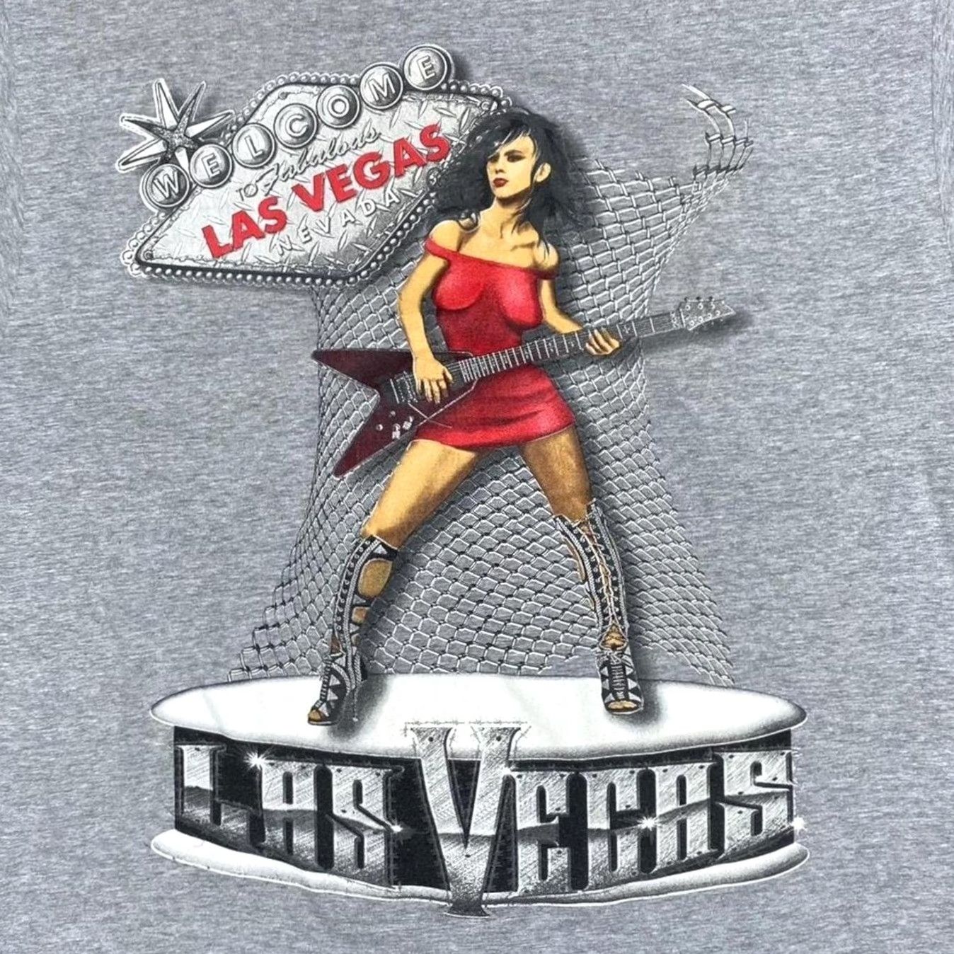 Tultex Tultex Las Vegas Rocker Guitarist Spellout Souvenir Graphic T-Shirt XL Mens Grey Cotton Short Sleeve Shirt Size US XL / EU 56 / 4 - 2 Thumbnail
