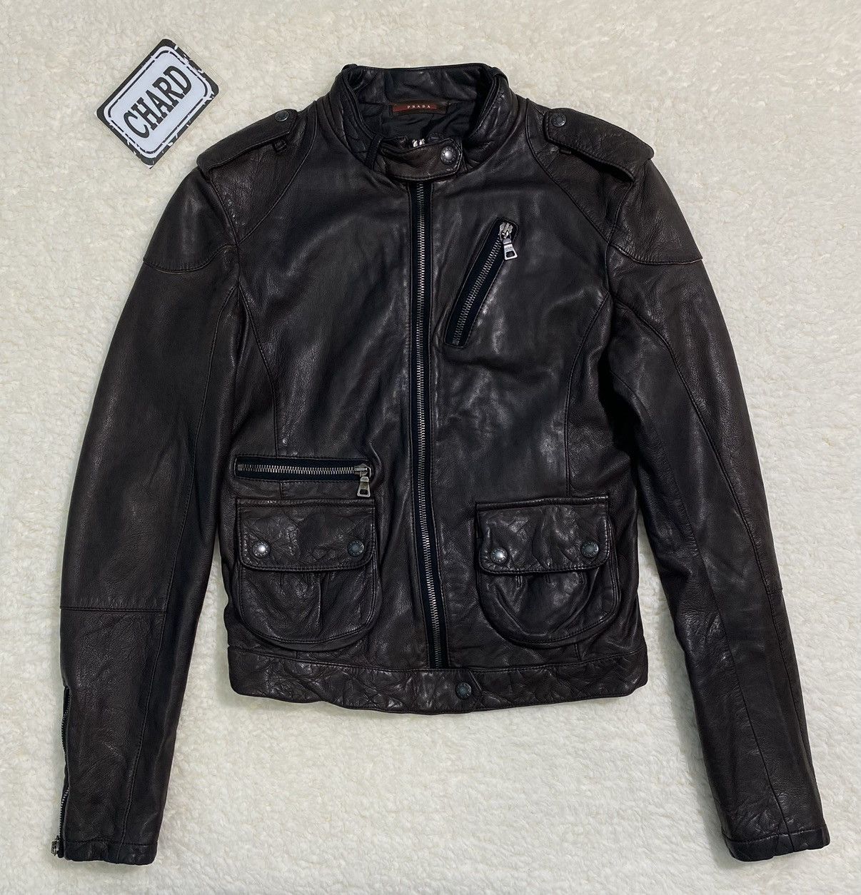 image of Vintage Prada Red Tab Biker Leather Jacket in Chocolate Brown, Women's (Size Small)