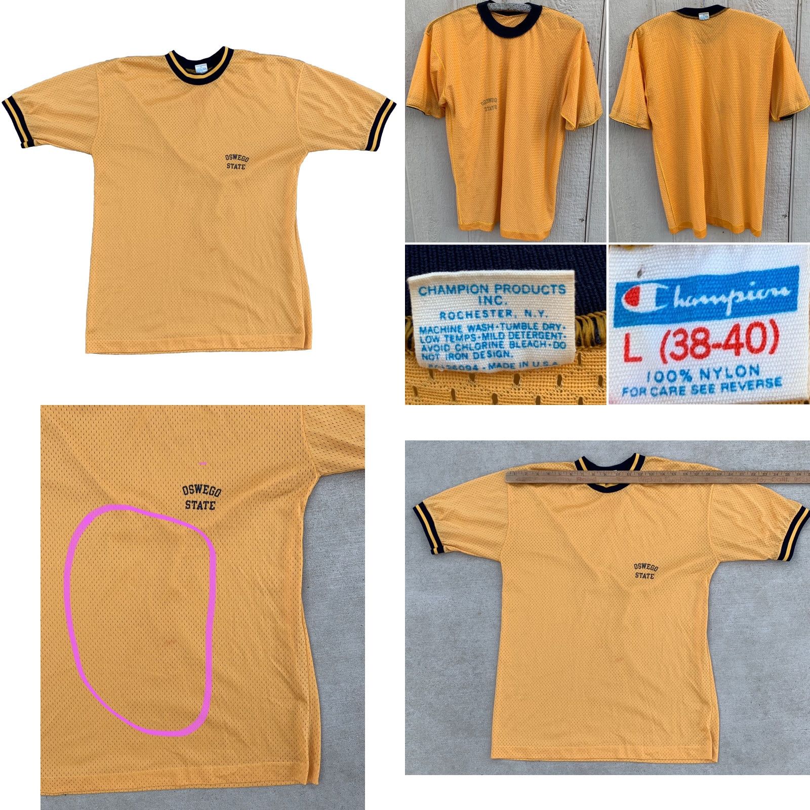 Champion VINTAGE Champion Oswego State Nylon Ringer Tee Graphic T Shirt Jersey Blue Bar L Shirt Men Yellow 1970s Women? Size US L / EU 52-54 / 3 - 10 Thumbnail