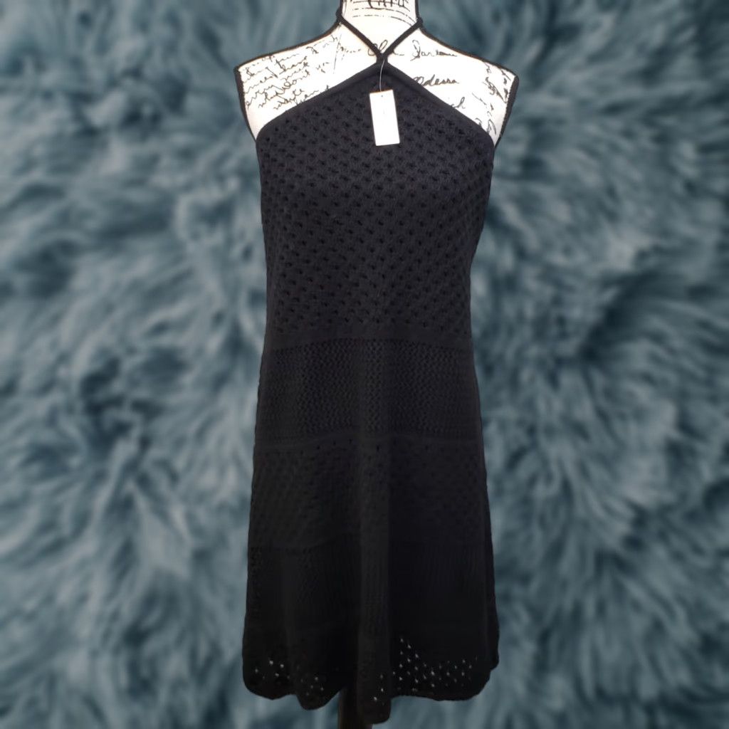 Old Navy Sweater Dress Women 2X Black Crochet Lined Stretch Halter Neck  Backless Dress