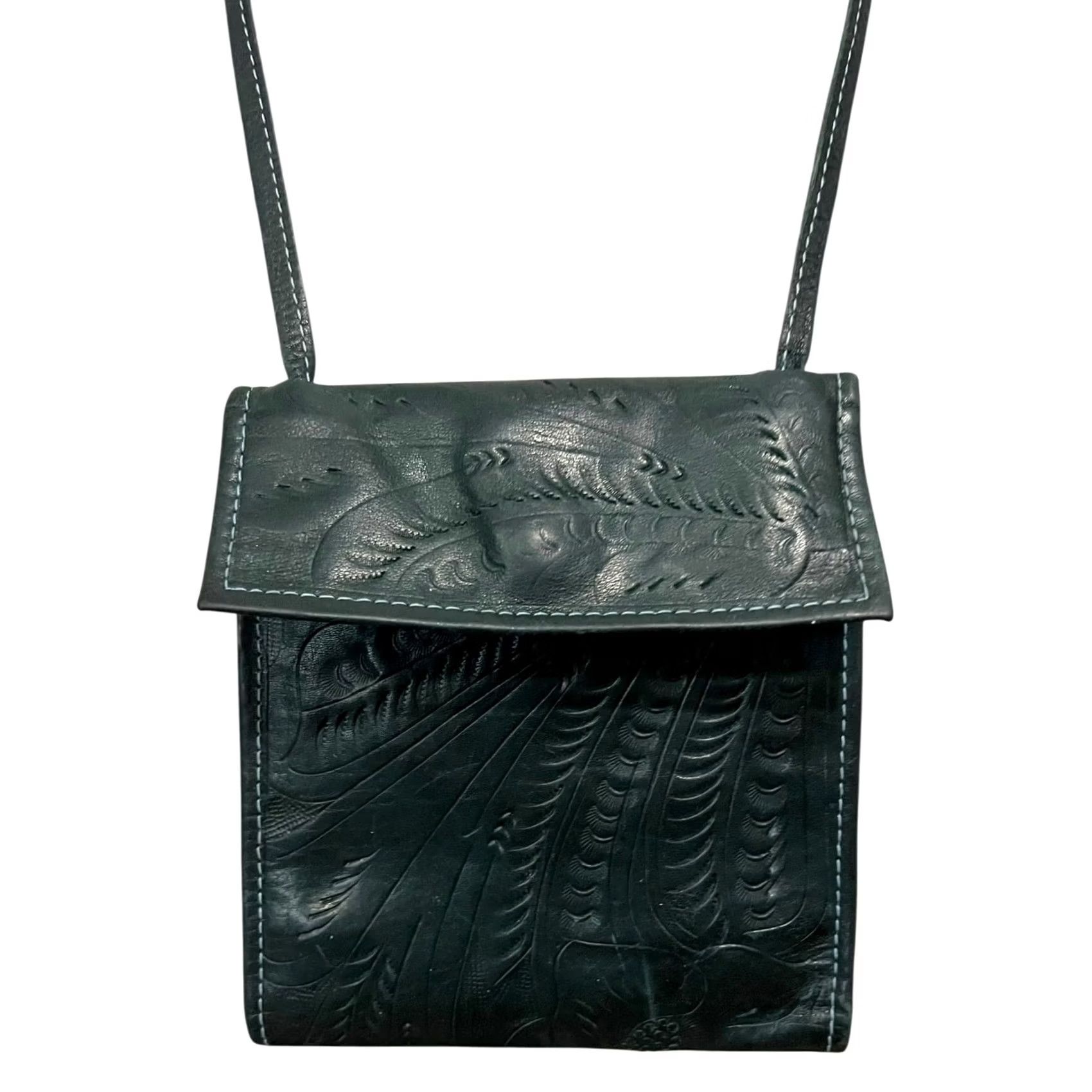 Vintage J.L. Saldivar Tooled Leather Purse Trifold Crossbody Boho Western Blue Womens Crossbody Purse Size ONE SIZE - 2 Thumbnail