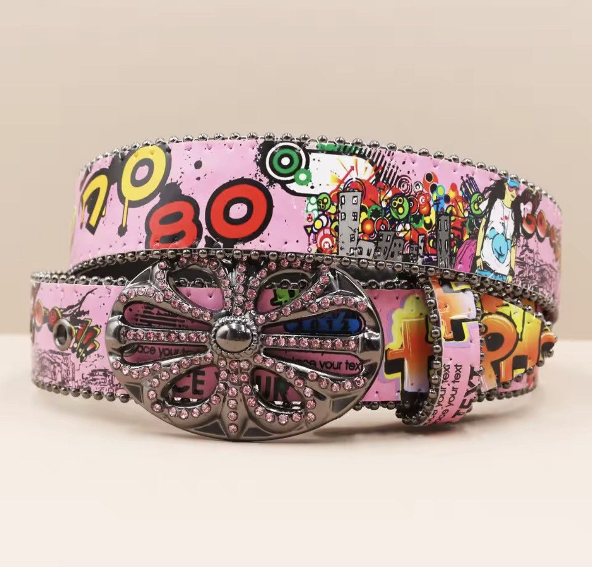 Other Punk Rhinestone Graffiti Western Cowboy PU Leather Belt Size ONE SIZE - 2 Thumbnail