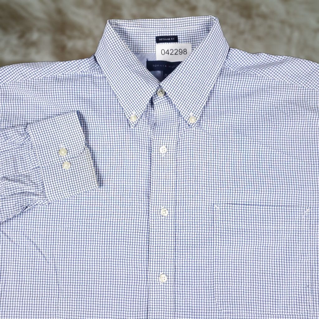 Tommy Hilfiger Tommy Hilfiger Dress Shirt Mens 16.5 Blue Check Long Sleeve Button-Up Classic American Preppy Size 42R - 1 Thumbnail