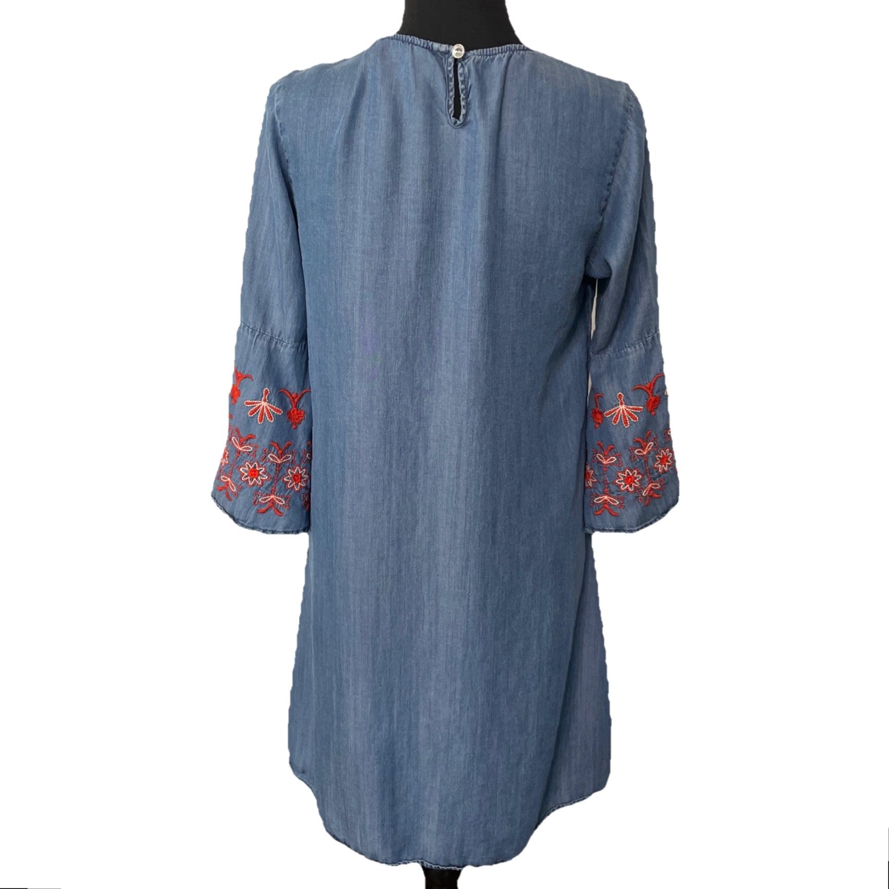 Bell VINTAGE Flowers Chambray Dress Midi Floral Embroidered Bell Sleeve Women Medium Blue Size M / US 6-8 / IT 42-44 - 2 Thumbnail