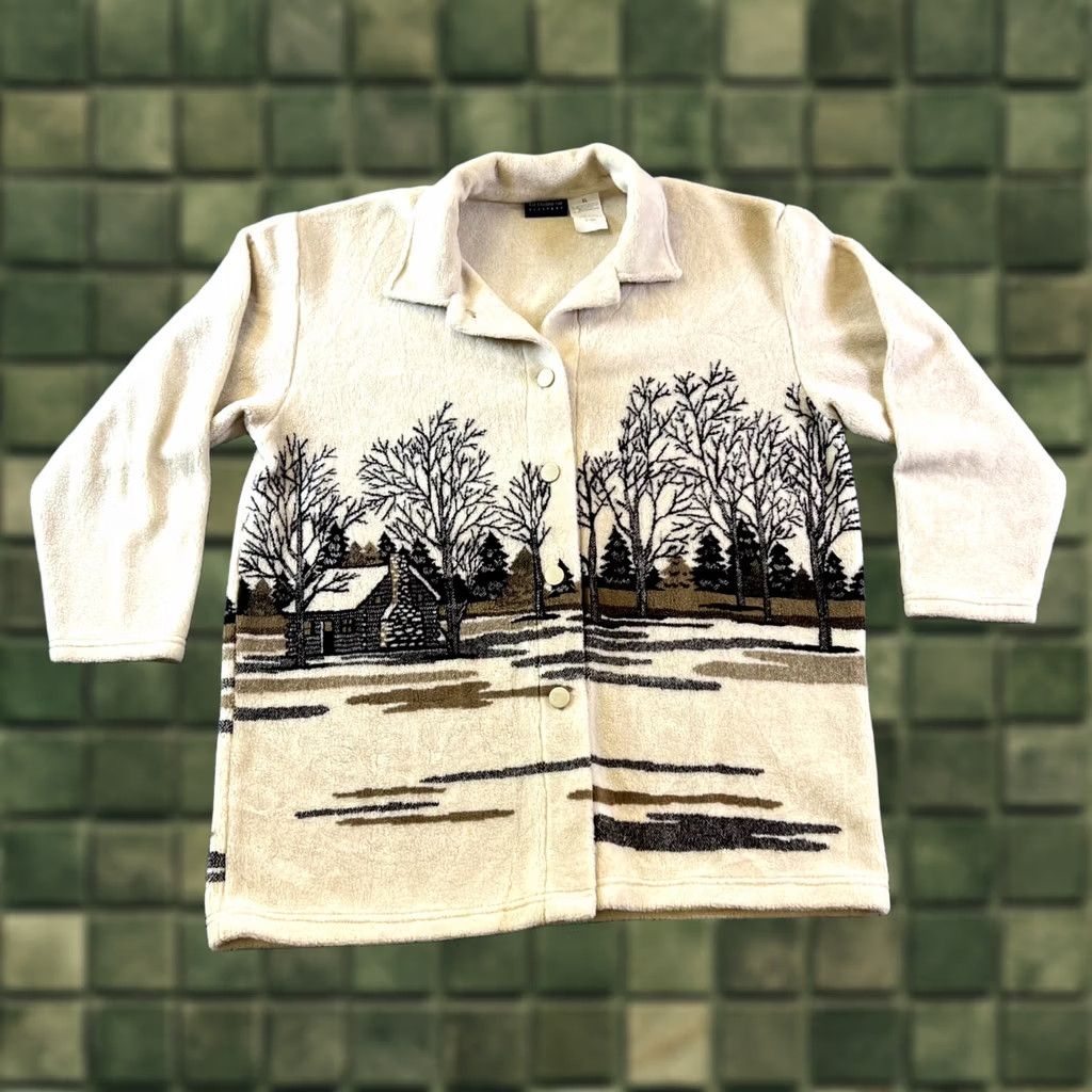 Liz Claiborne VINTAGE Liz Claiborne Shacket Jacket Women's XL Beige Acrylic Cabin & Trees USA Size XL / US 12-14 / IT 48-50 - 1 Thumbnail