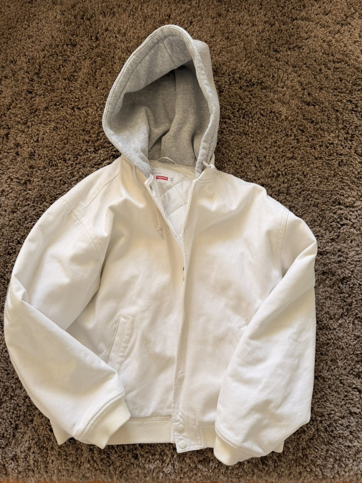 Supreme Supreme Hooded Twill Varsity Jacket M White Size US M / EU 48-50 / 2 - 2 Thumbnail