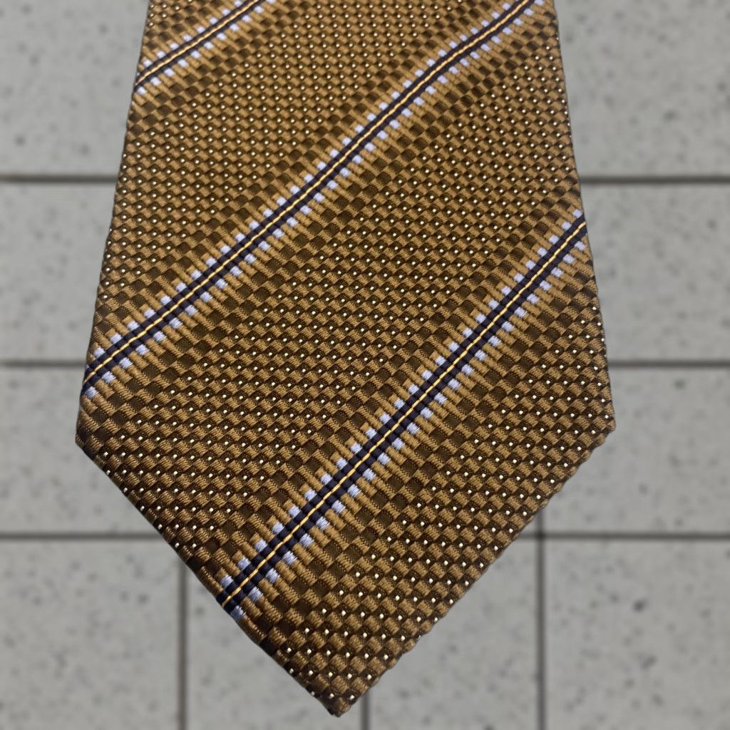 Vintage VINTAGE XMI Designer Tie Men Silk 100% Silk Hand Made Classic 57"-60" Brown Gold Black Blue Geometric Striped Accents Executive Wide 1990s USA Mens Size ONE SIZE - 1 Thumbnail