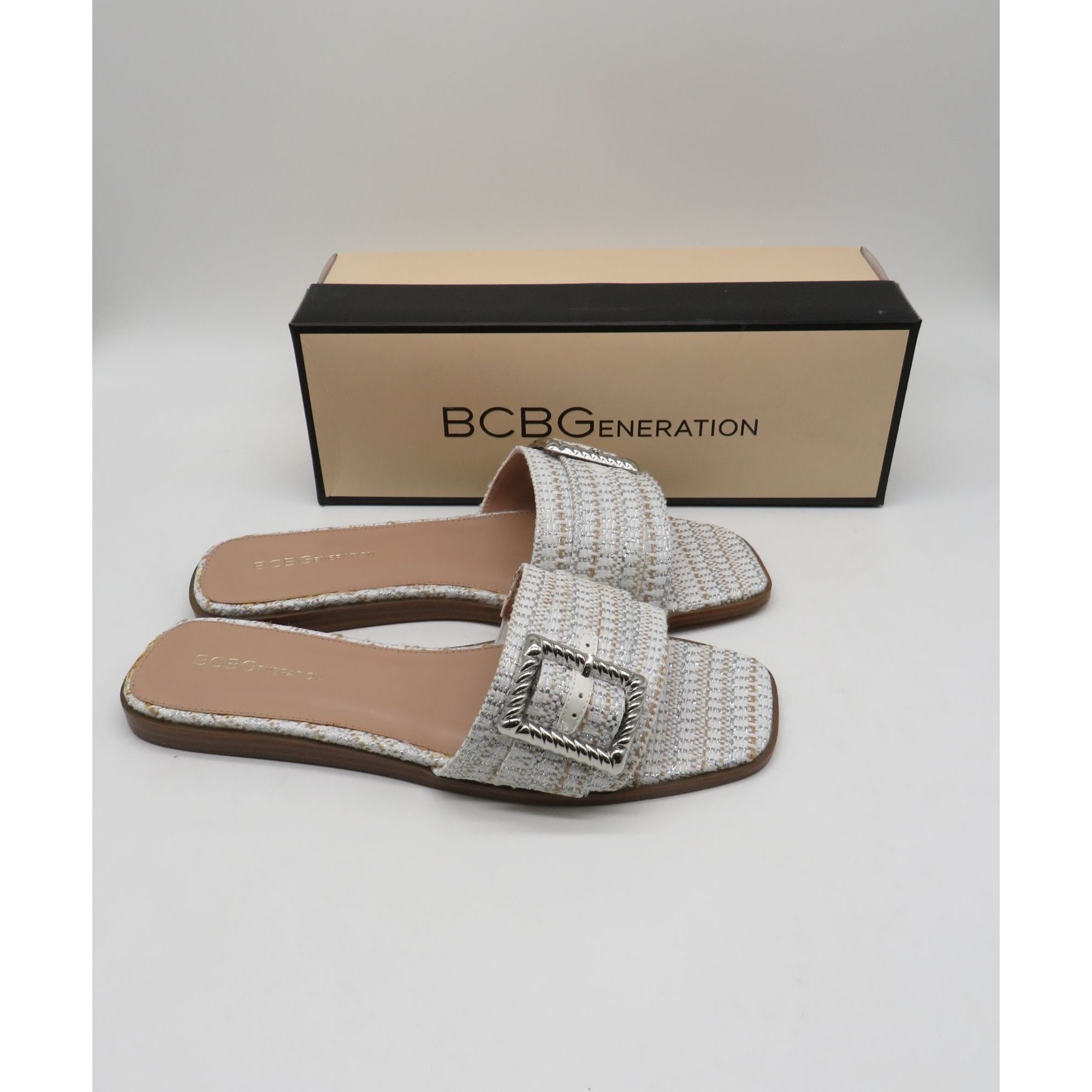 BCBGeneration Bcbgeneration White Silver Woven Slide Sandals With Buckle 1 Size US 10 / IT 40 - 1 Thumbnail