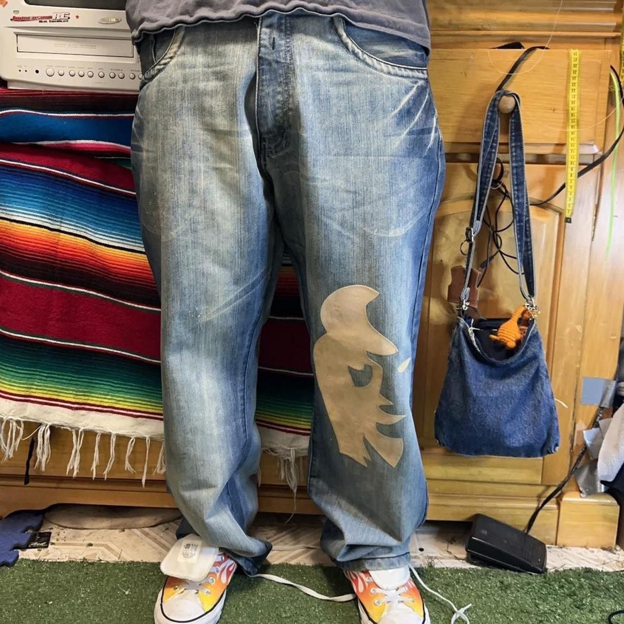 Other Y2K loose blue jeans with yellow graphic patch Size US 34 / EU 50 - 5 Thumbnail