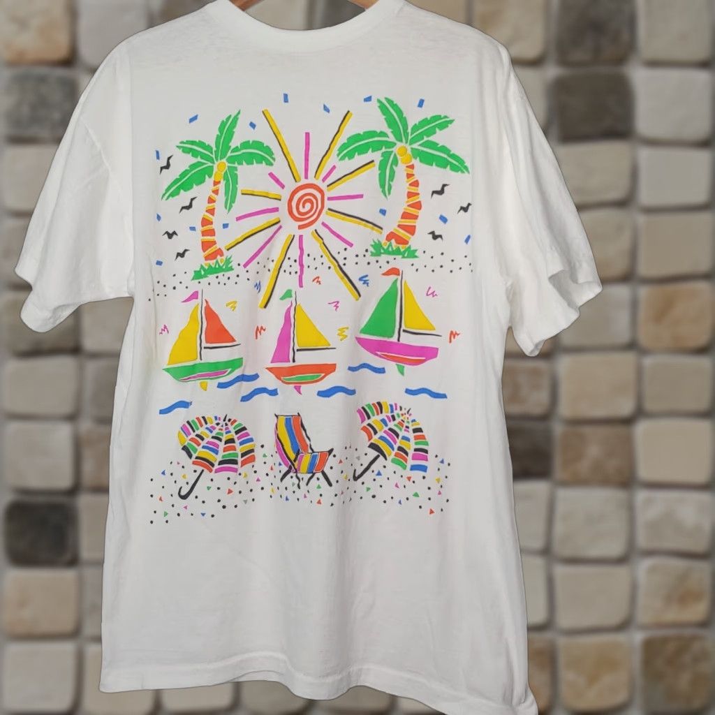 VINTAGE Short Hills EE T-Shirt Men XL White Beach Surfer Puffy Graphic Sun Palms 90s Summer