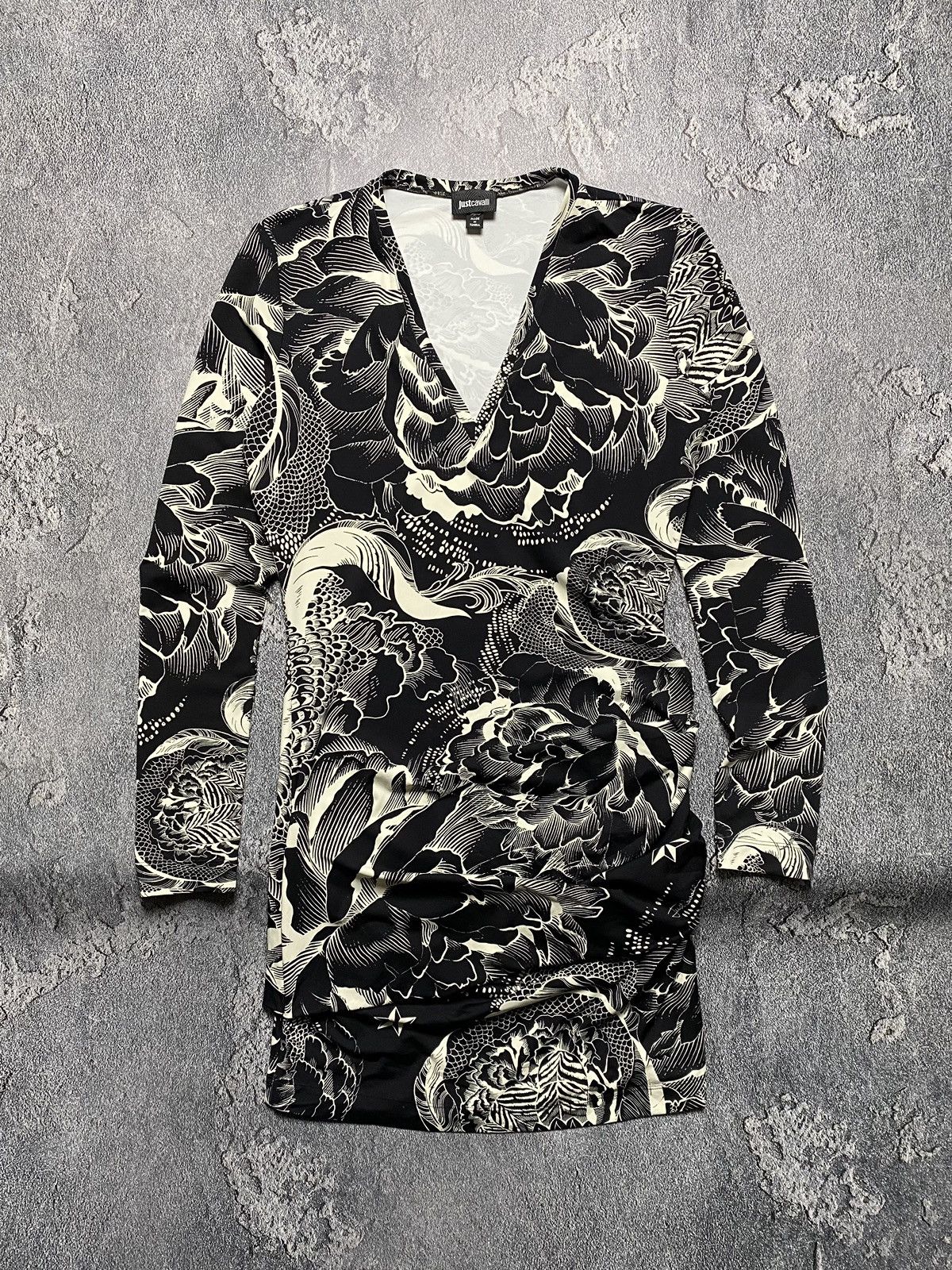 Just Cavalli × Roberto Cavalli × Vintage Just Cavalli Multilogo Long sleeve Bodycon Ruffle hem Dress Size M / US 6-8 / IT 42-44 - 2 Thumbnail