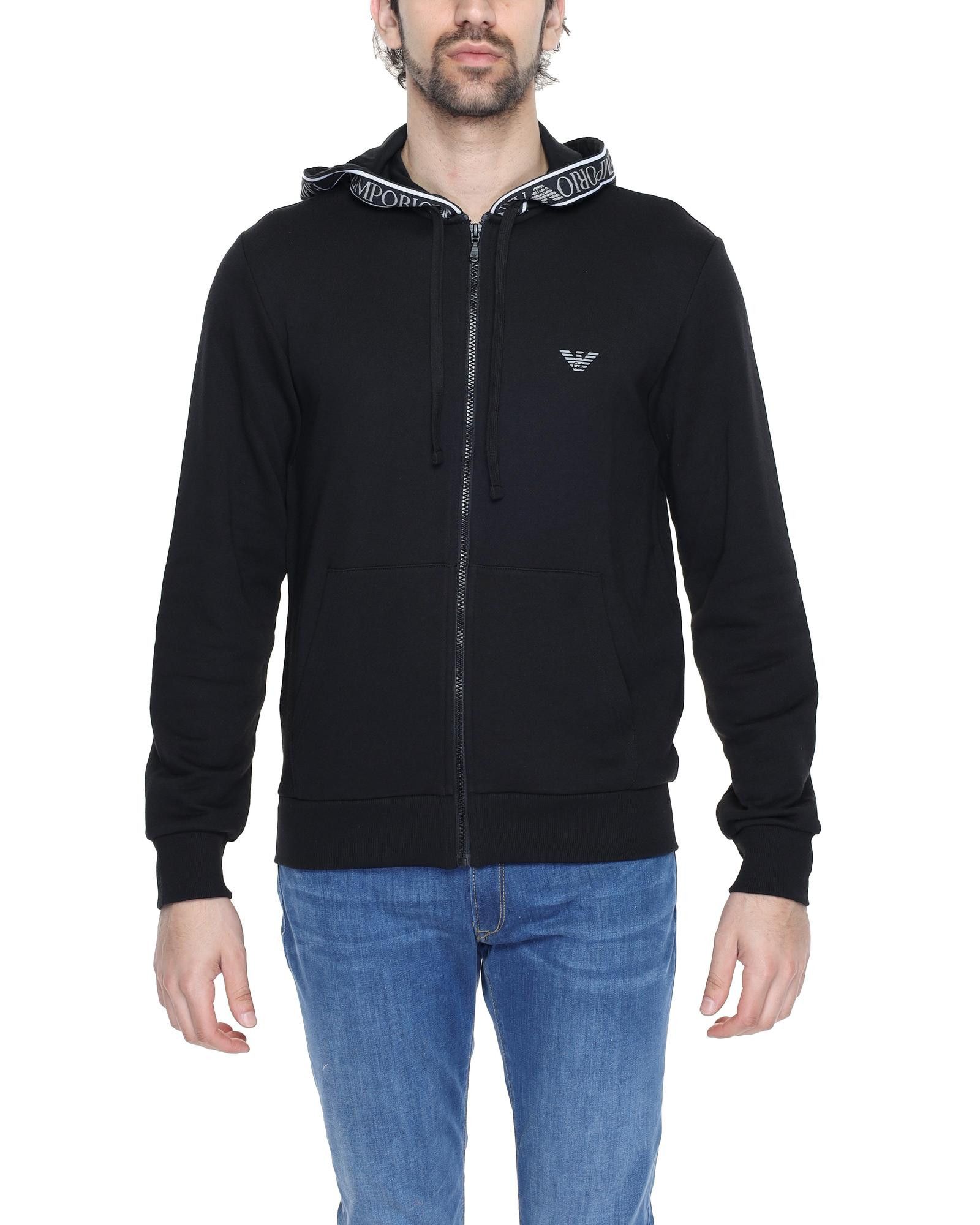 image of Emporio Armani Printed Hooded Sweatshirt With Zip Fastening in Black, Men's (Size Small)