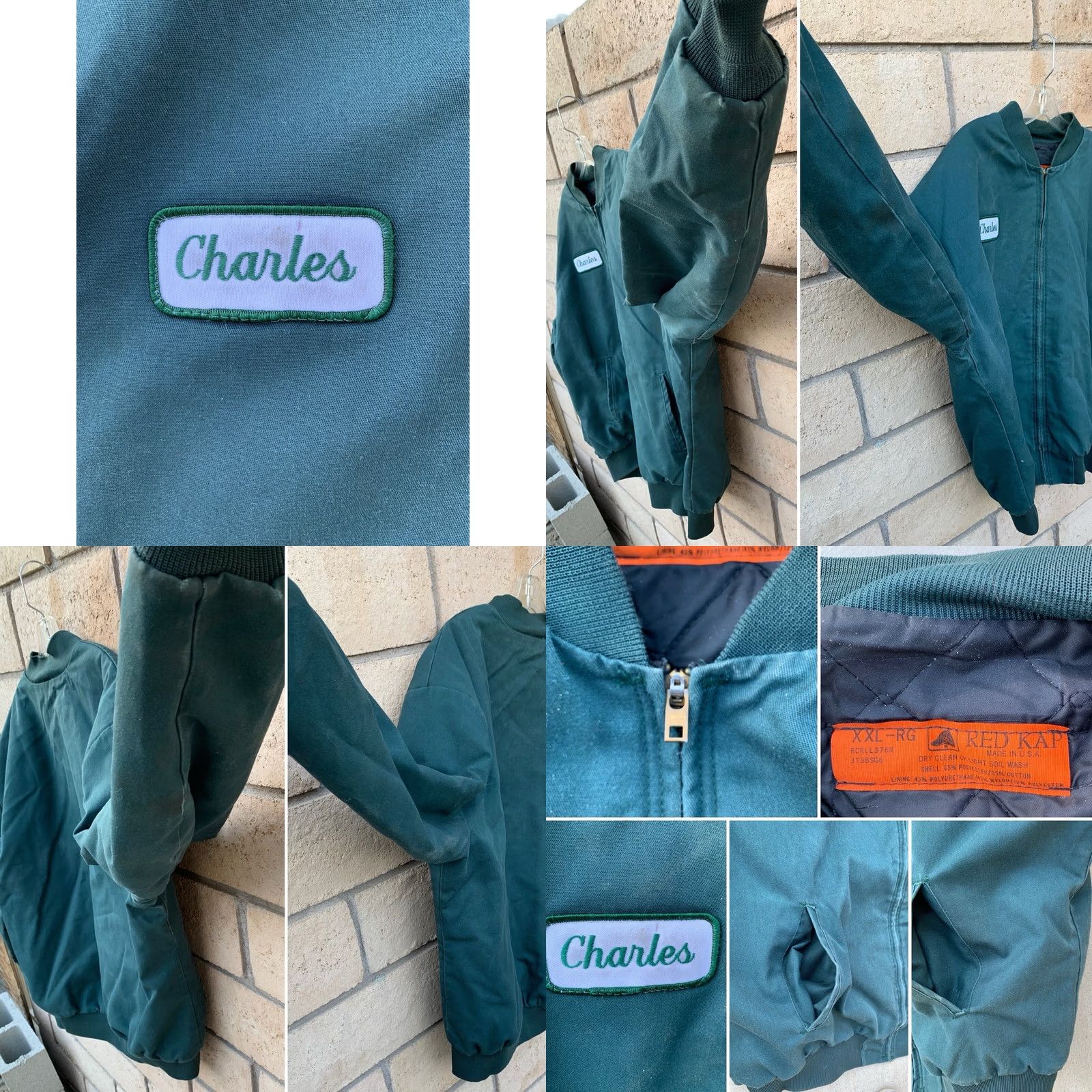 Red Kap VINTAGE Red Kap Work Jacket Worn Talon Zipper The Name Charles Green 2XL Reg Green Jacket Mens Bomber Full Zip Lined Pockets USA Made Size US XXL / EU 58 / 5 - 8 Thumbnail