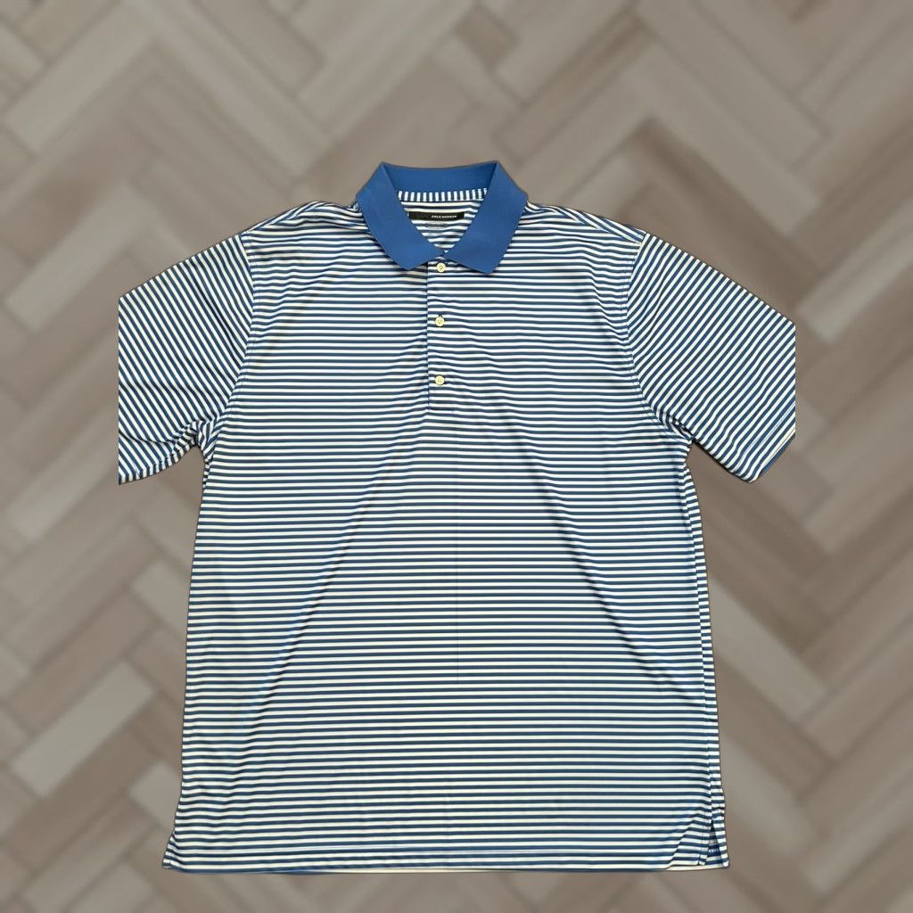 Vintage VINTAGE Men's Greg Norman Blue White Striped Short Sleeve Golf Polo Shirt sz XL Size US XL / EU 56 / 4 - 1 Thumbnail