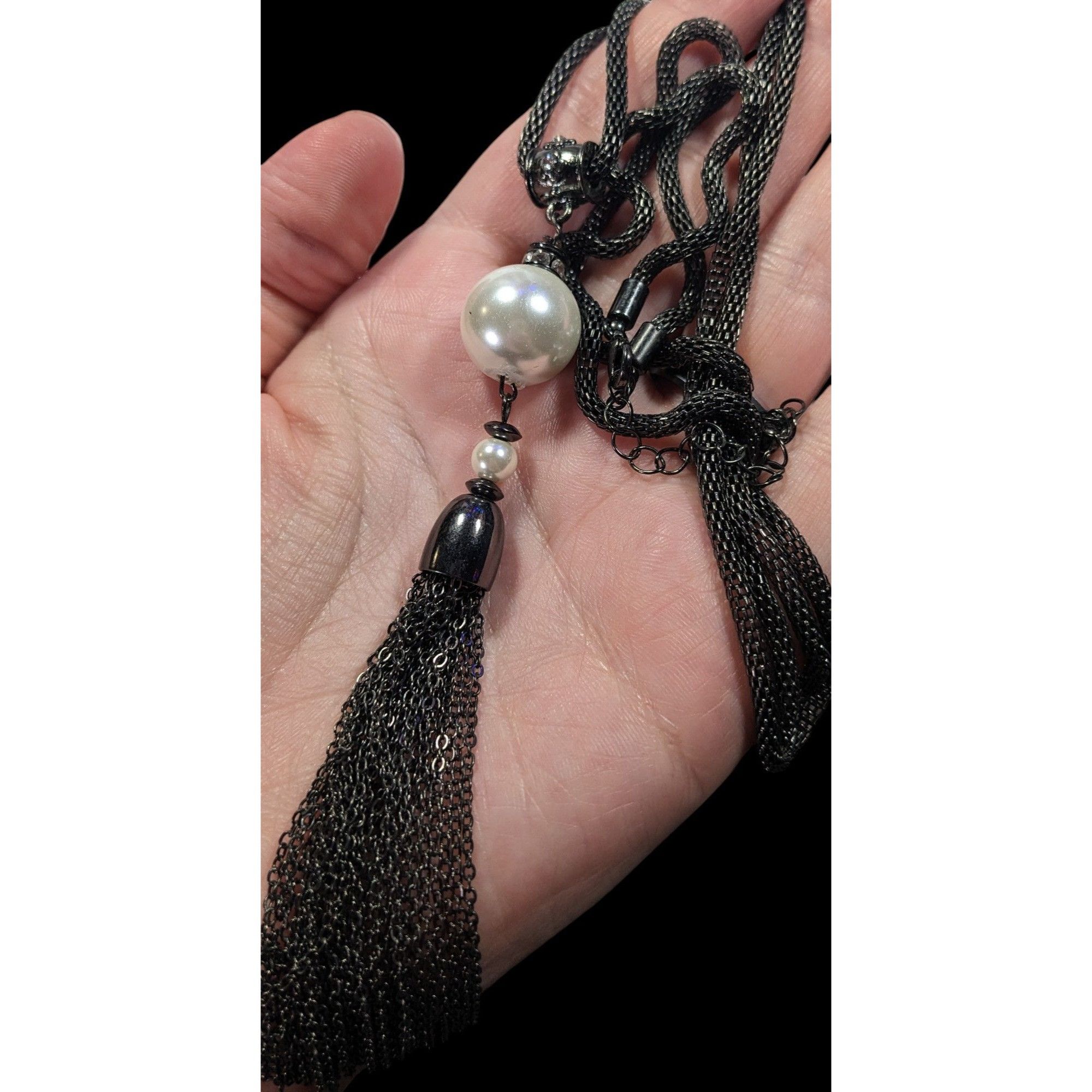 Other Glam Goth Gunmetal Mesh And Pearl Tassel Necklace Size ONE SIZE - 3 Thumbnail