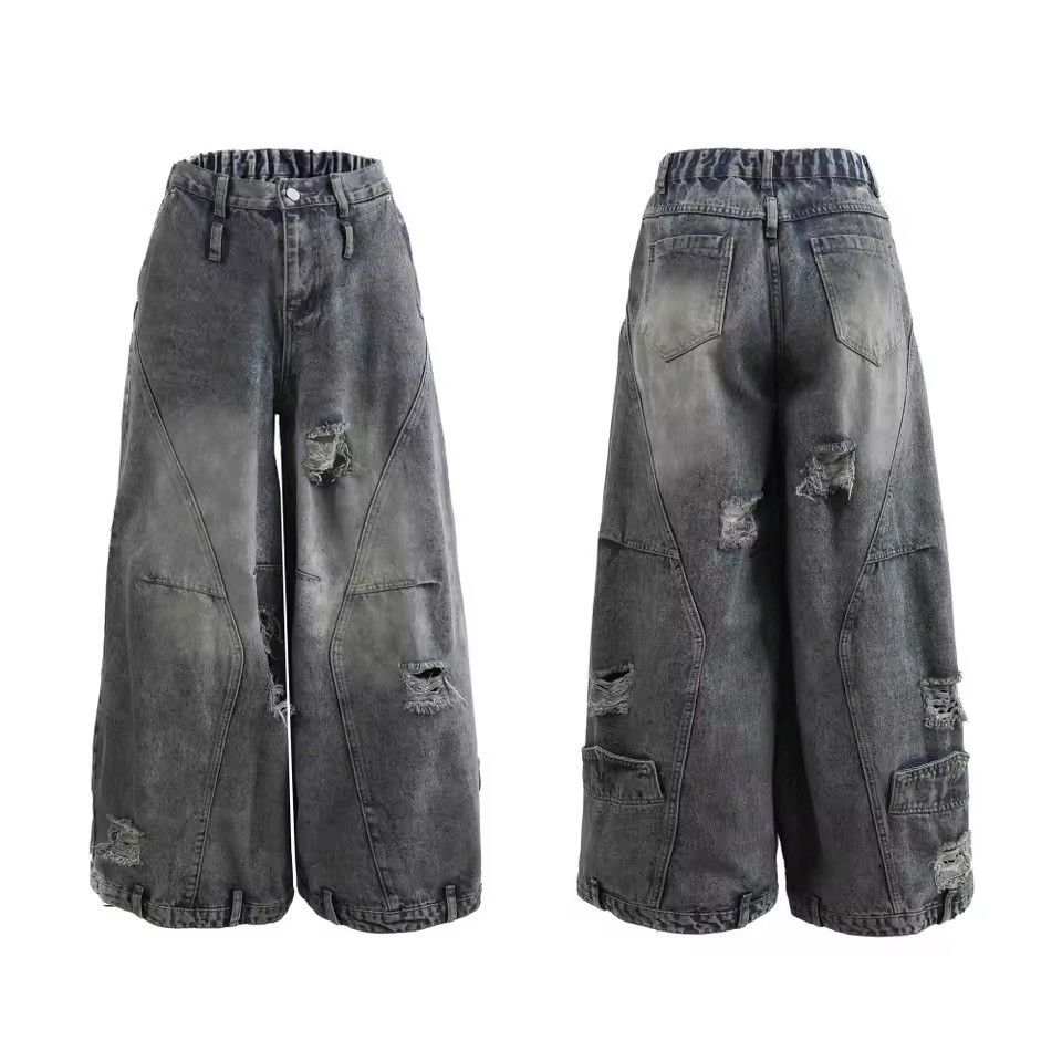 Jean Washed Distressed Ripped Elastic Waist Wide Leg Jeans Pants Size US 26 / EU 42 - 2 Thumbnail