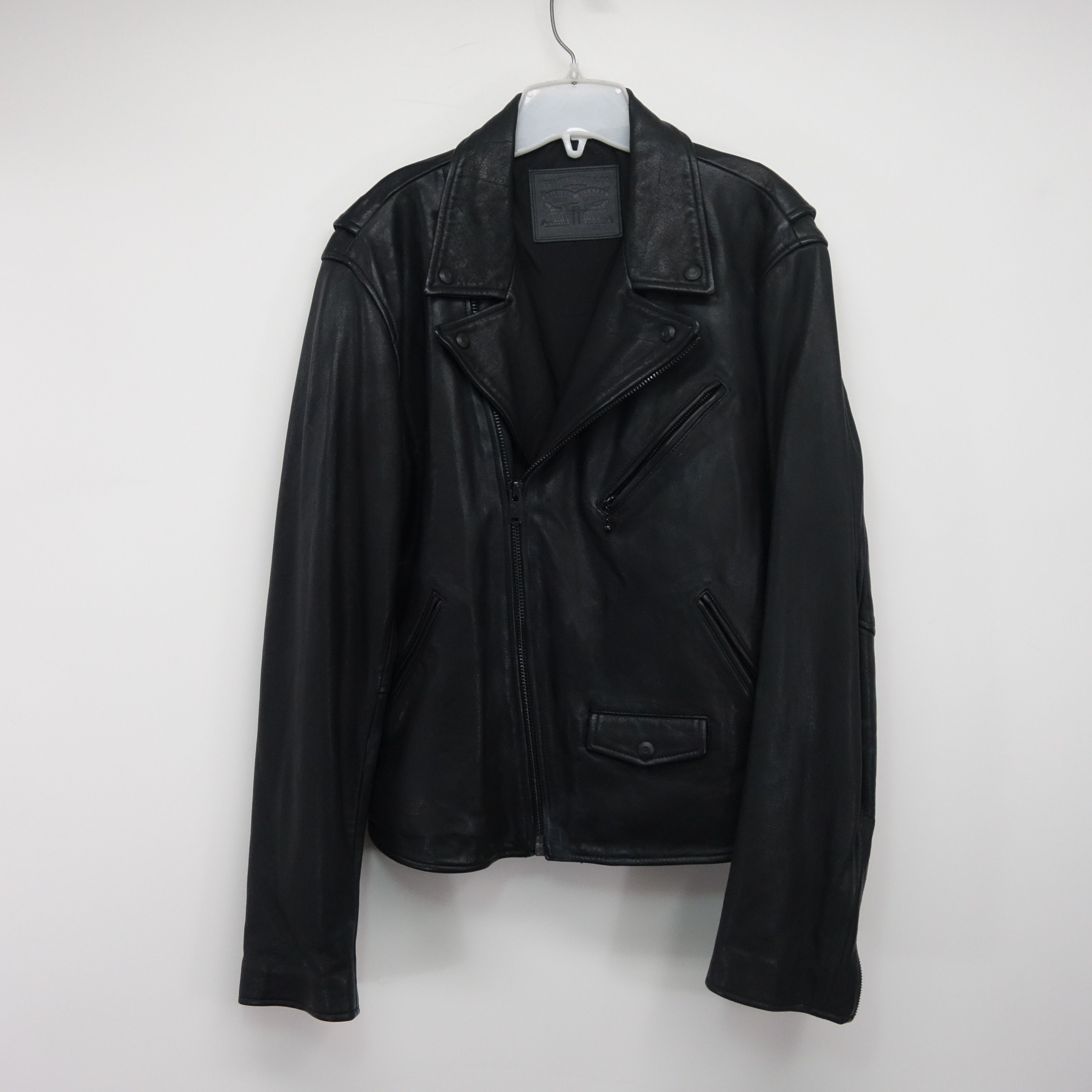Classic Black Leather Moto Motorcycle Trucker Jacket Large