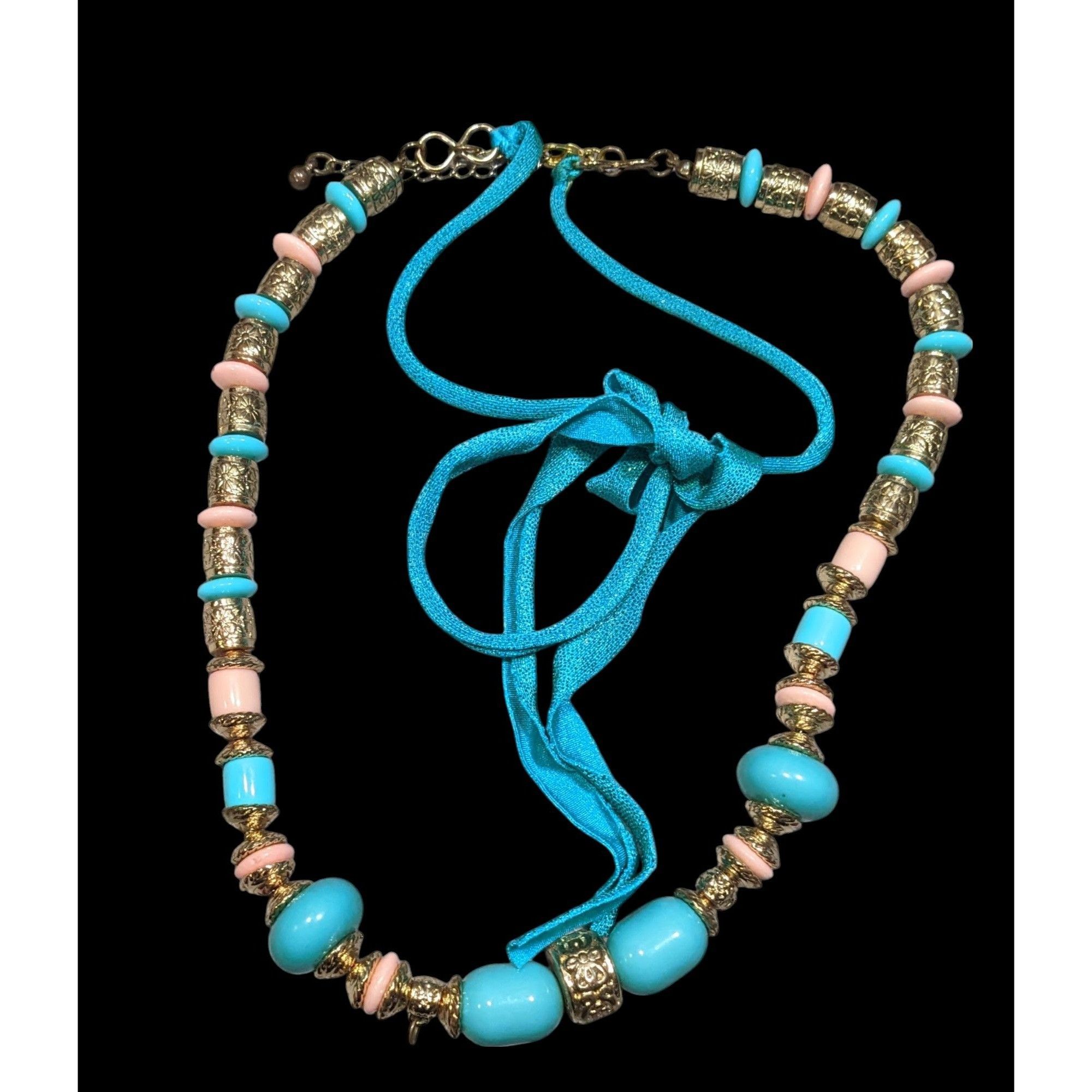 Other Vintage Bohemian Festival Blue Pink And Gold Floral Necklace Size ONE SIZE - 1 Thumbnail