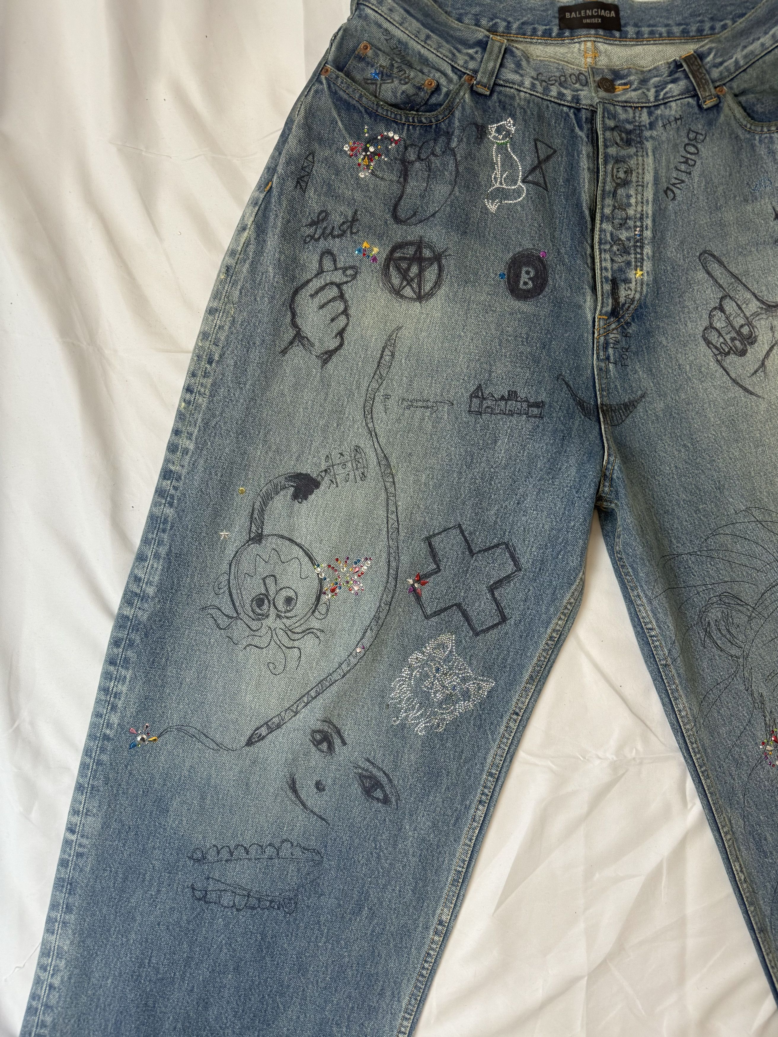 Balenciaga Wide-leg diamond graffiti jeans Size US 32 / EU 48 - 2 Thumbnail