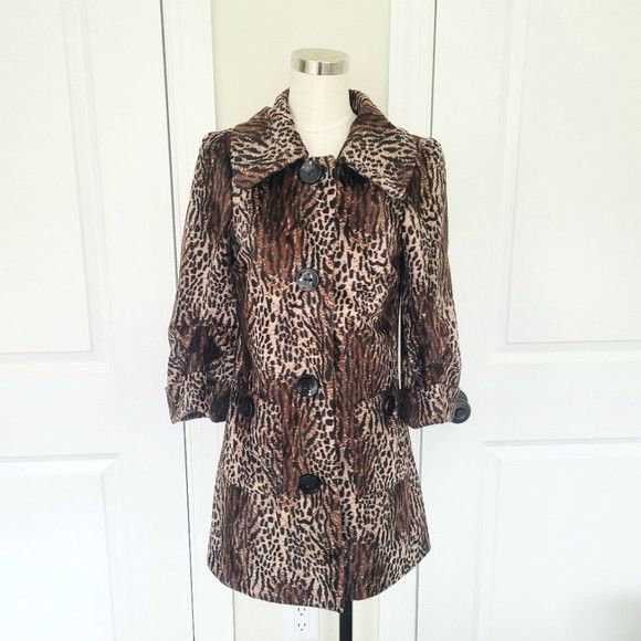 image of Guess x Vacation Leopard Animal Print Faux Fur Button-Up Coat Shameless Tv in Black/Brown/Beige, Wo