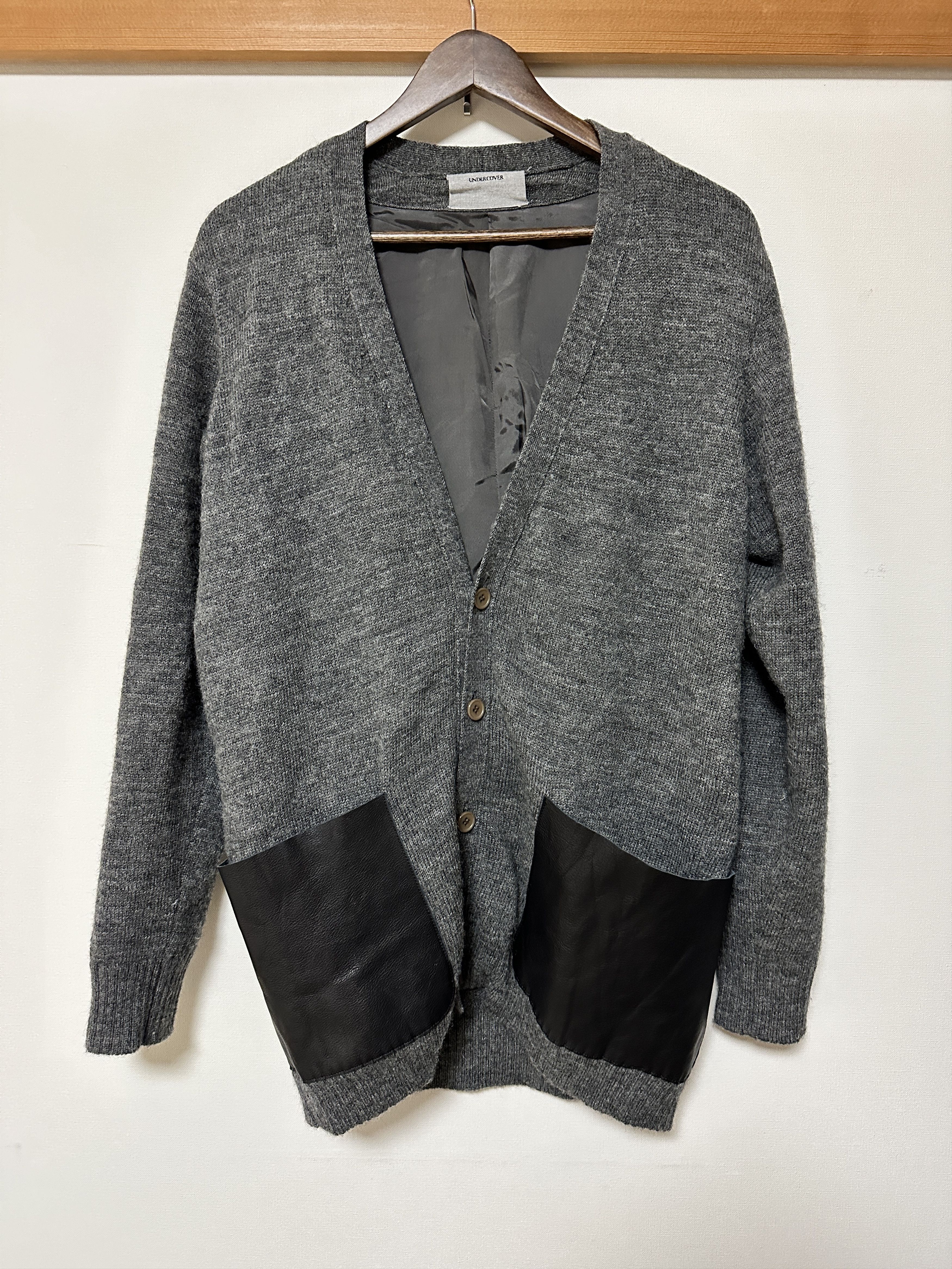 image of Undercover Leather Patch Pocket Lined Wool Cardigan in Grey, Men's (Size Small)