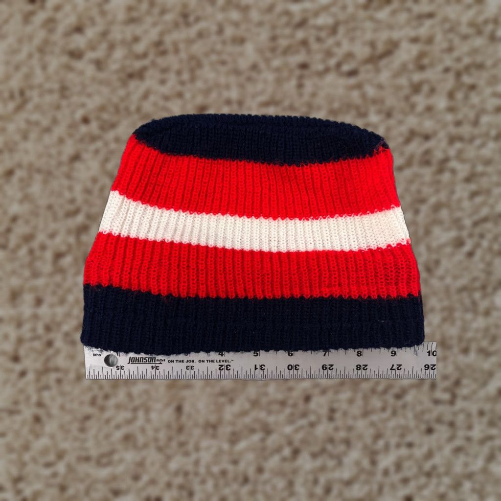 Vintage Beanie Beanie Adult One Size Red Blue White Stripe Knit Acrylic Snow Winter Ski Shirt Hat Mens Beanie Stripe 90s Outdoor Size ONE SIZE - 1 Thumbnail