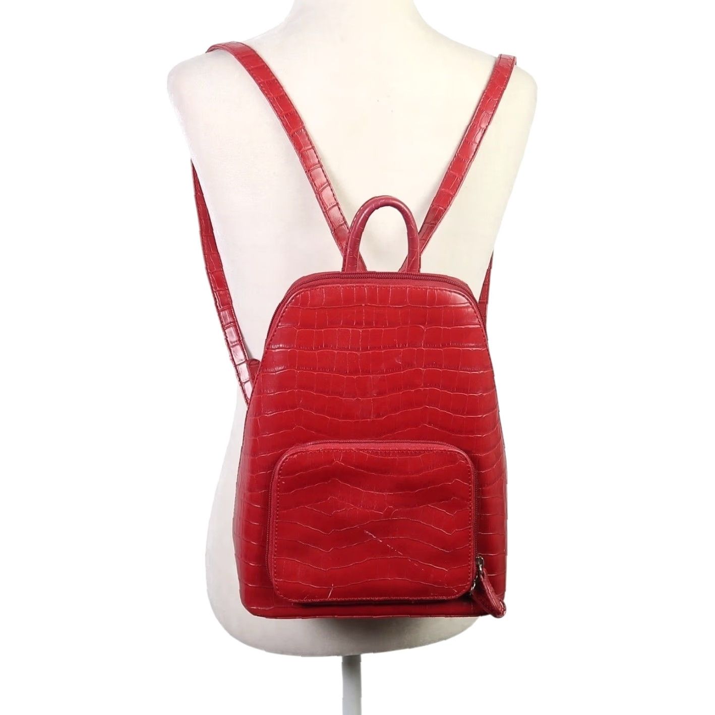 Vintage L. Erickson Red Faux Patent Croc Leather Backpack Purse Woman Small Zip Croc Embossed BackPack Casual Womens Red 9x11x4 Size ONE SIZE - 2 Thumbnail