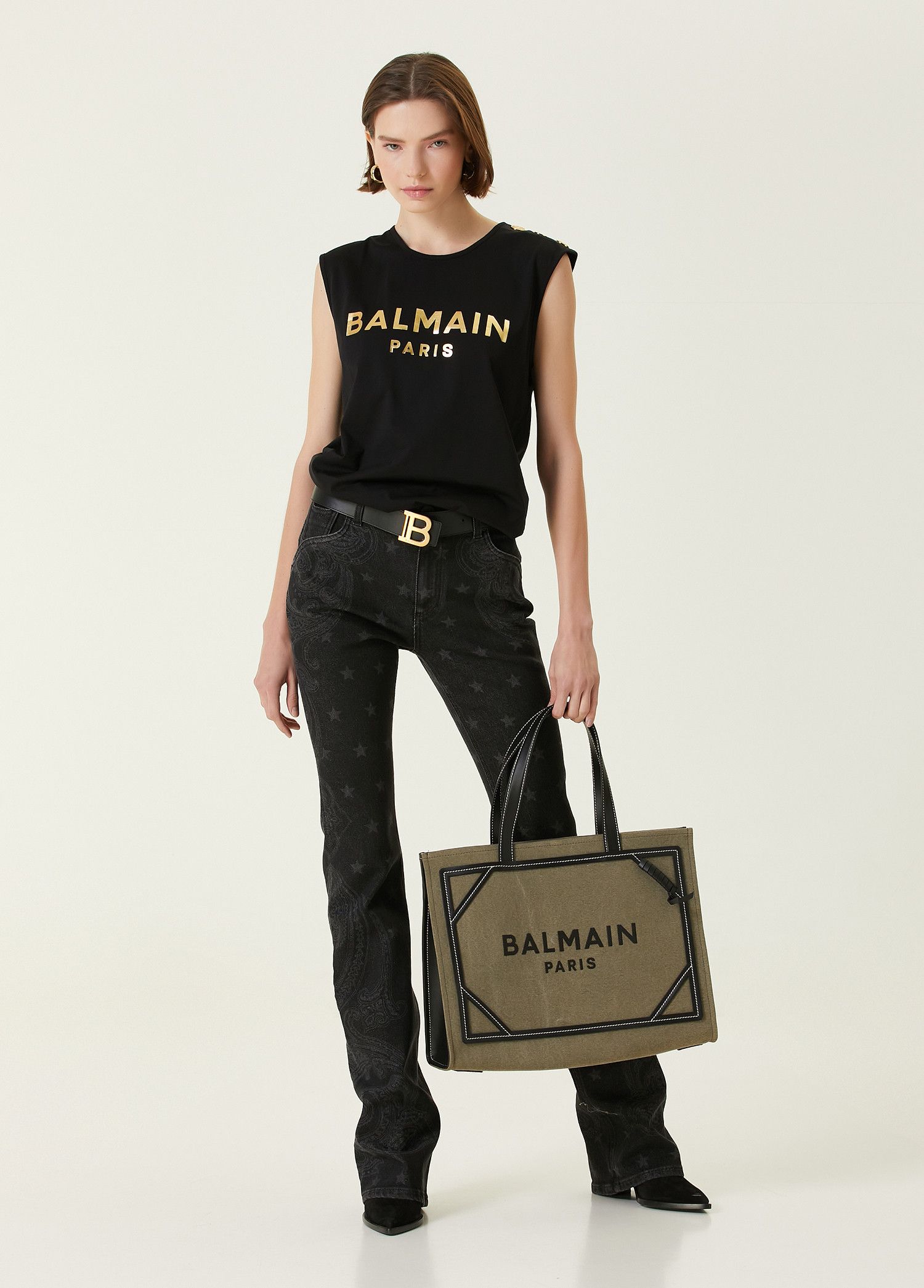Balmain BALMAIN B Army 42 khaki black green canvas leather tote bag Size ONE SIZE - 4 Thumbnail