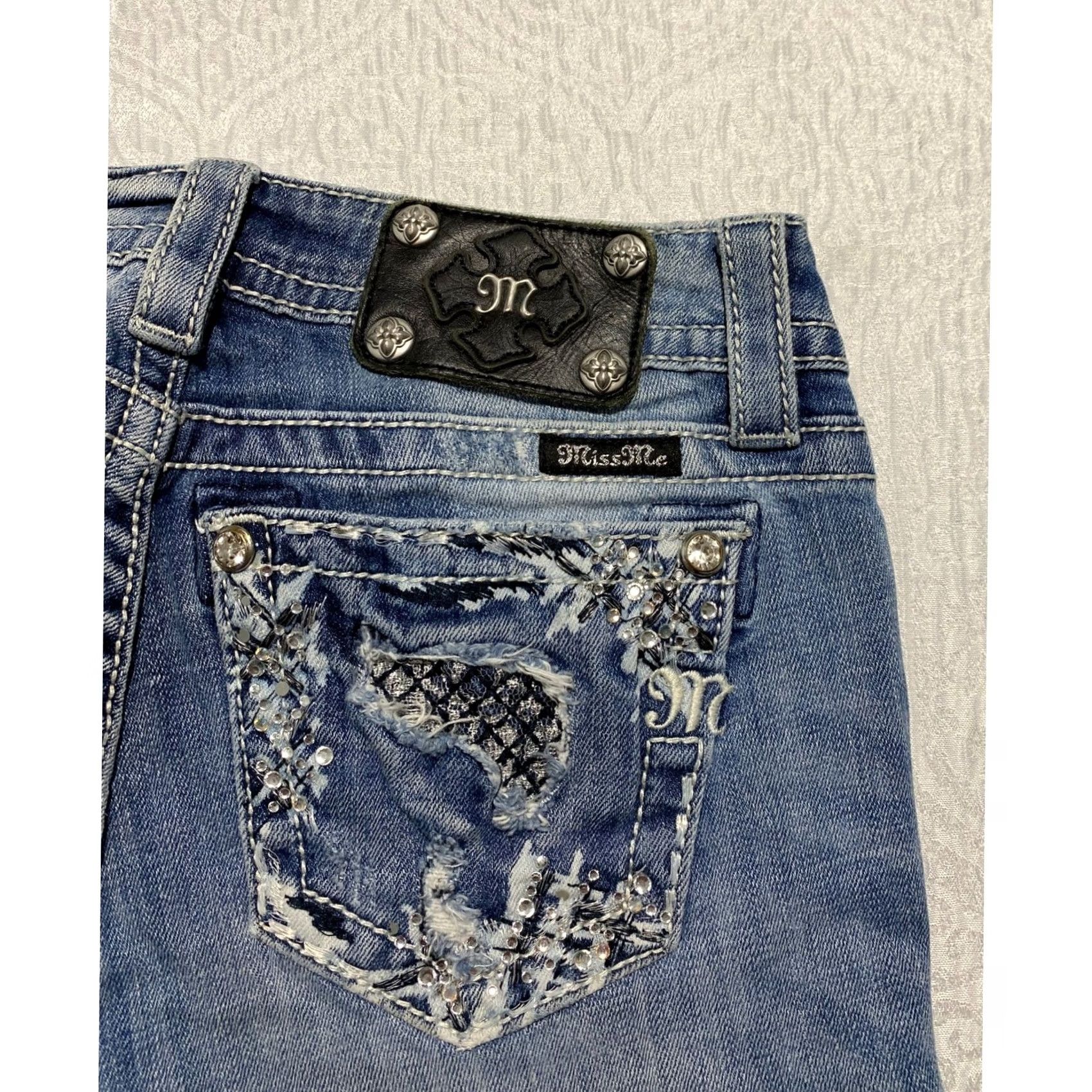 Miss Me Miss Me Relaxed Boot Jeans Blue 27 5-Pocket Denim Rhinestone Embellished Distressed Bootcut Y2K Bling Women Mens Size 27" / US 4 / IT 40 - 2 Thumbnail