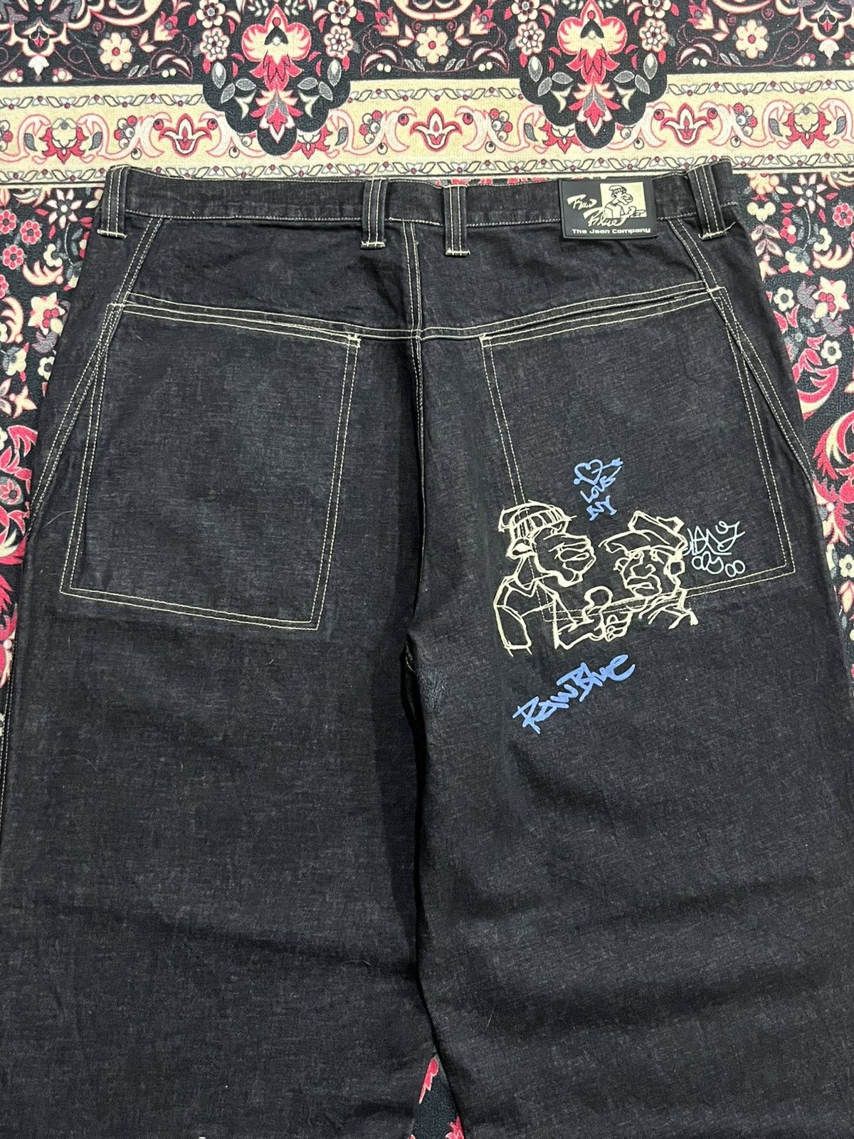 JNCO ⚡️Baggy⚡️Vintage Raw Blue Company Dark Washed Graffiti Jeans Size US 42 / EU 58 - 7 Thumbnail