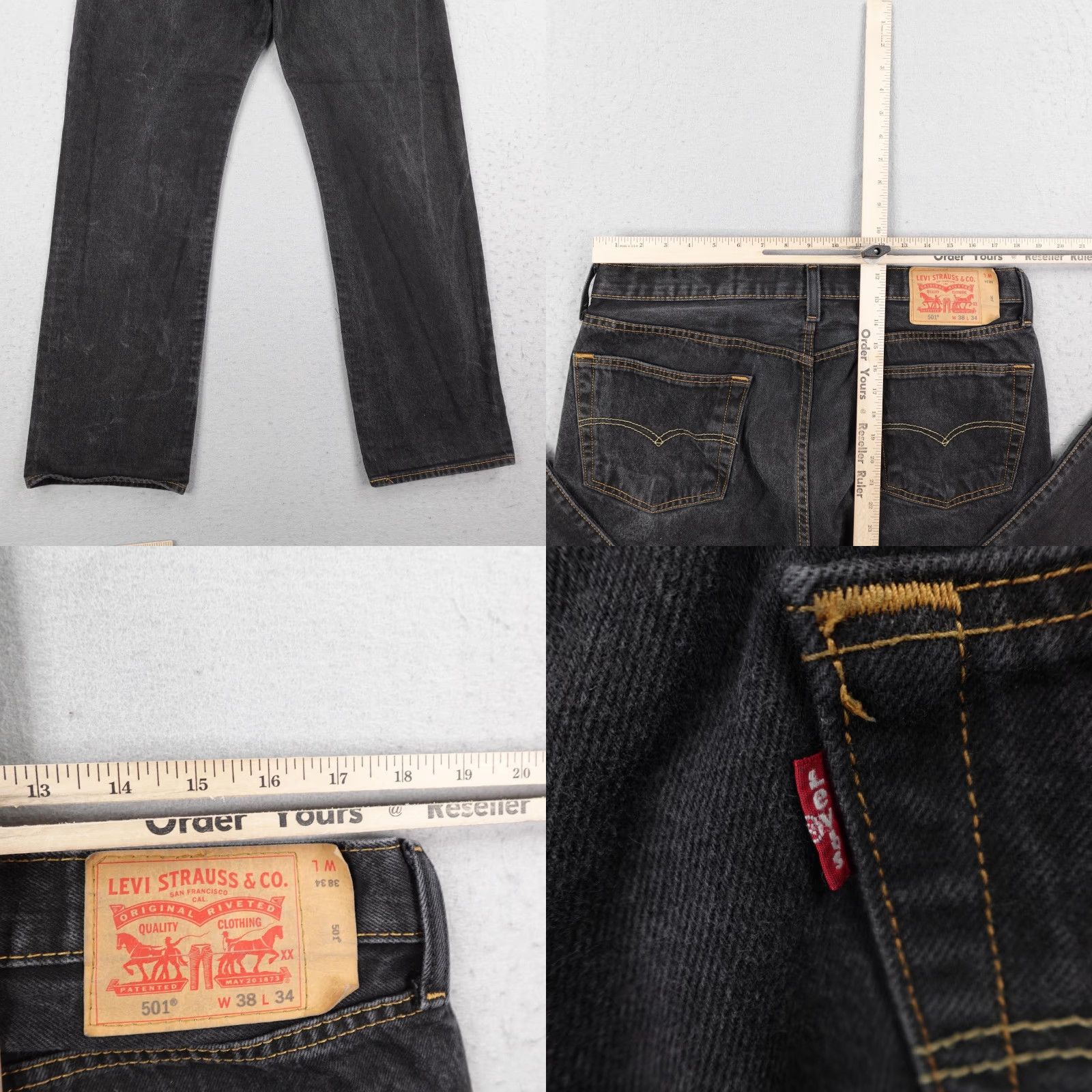 Levi's Levis Jeans 501 Button Fly Black Denim Straight Leg Faded Red Tab Mens 38x34 Size US 38 / EU 54 - 8 Thumbnail