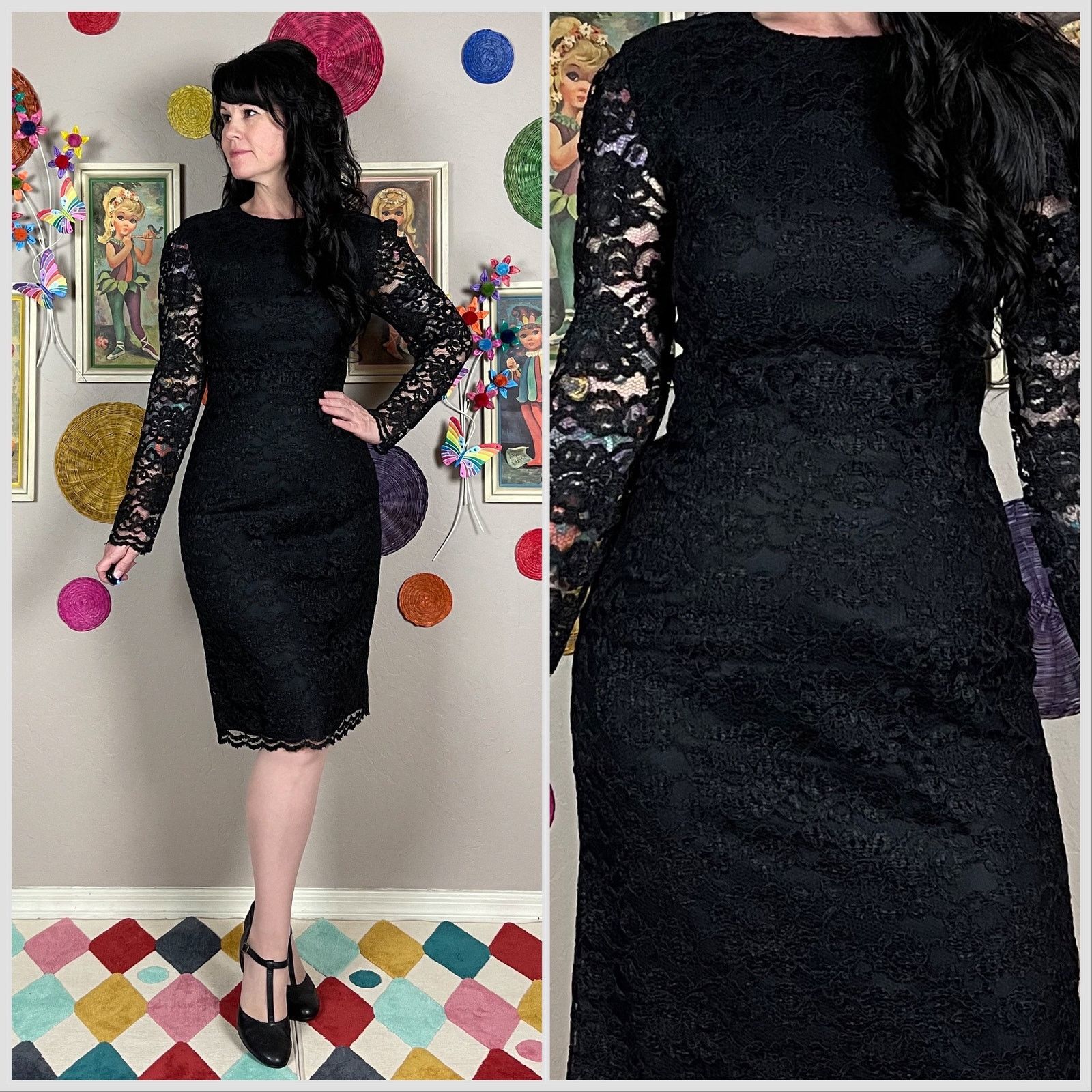 Vintage 1980s Black Lace Illusion Long Sleeve Mini Wiggle Dress Size XS / US 0-2 / IT 36-38 - 1 Thumbnail
