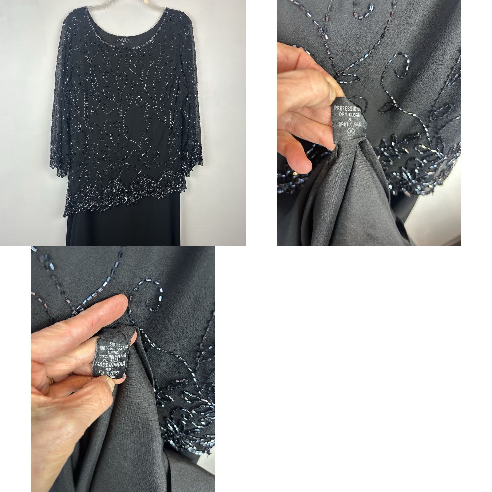 Vintage JKARA Evening Gown Womens 16W Black Chiffon Beaded Wedding Black Tie Event A-Line Long Dress 3/4 Sleeve Round Neck Formal Party/Cocktail Size XXL / US 16-18 / IT 52-54 - 8 Thumbnail