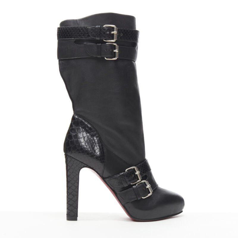 Christian Louboutin CHRISTIAN LOUBOUTIN Loubi Bike black scaled leather buckle platform boot EU37 Size US 7 / IT 37 - 1 Thumbnail