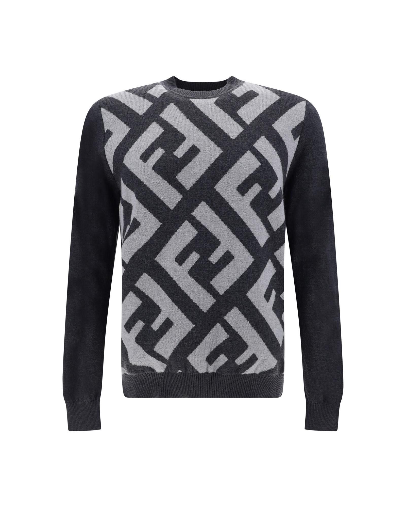 Image of Fendi Wool Logo Sweater With Ribbed Details in Grey, Men's (Size Small)