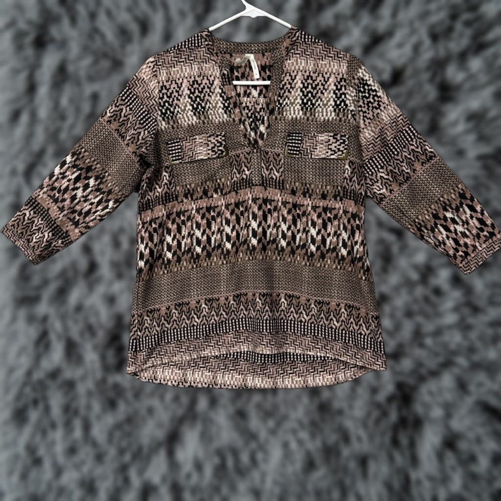Vintage Live 4 TRUTH Blouse Tunic 3/4 Sleeve Womens S Brown Geometric Print Boho Tribal Pattern Knit Polyester V-Neck Casual Daywear Size S / US 4 / IT 40 - 1 Thumbnail
