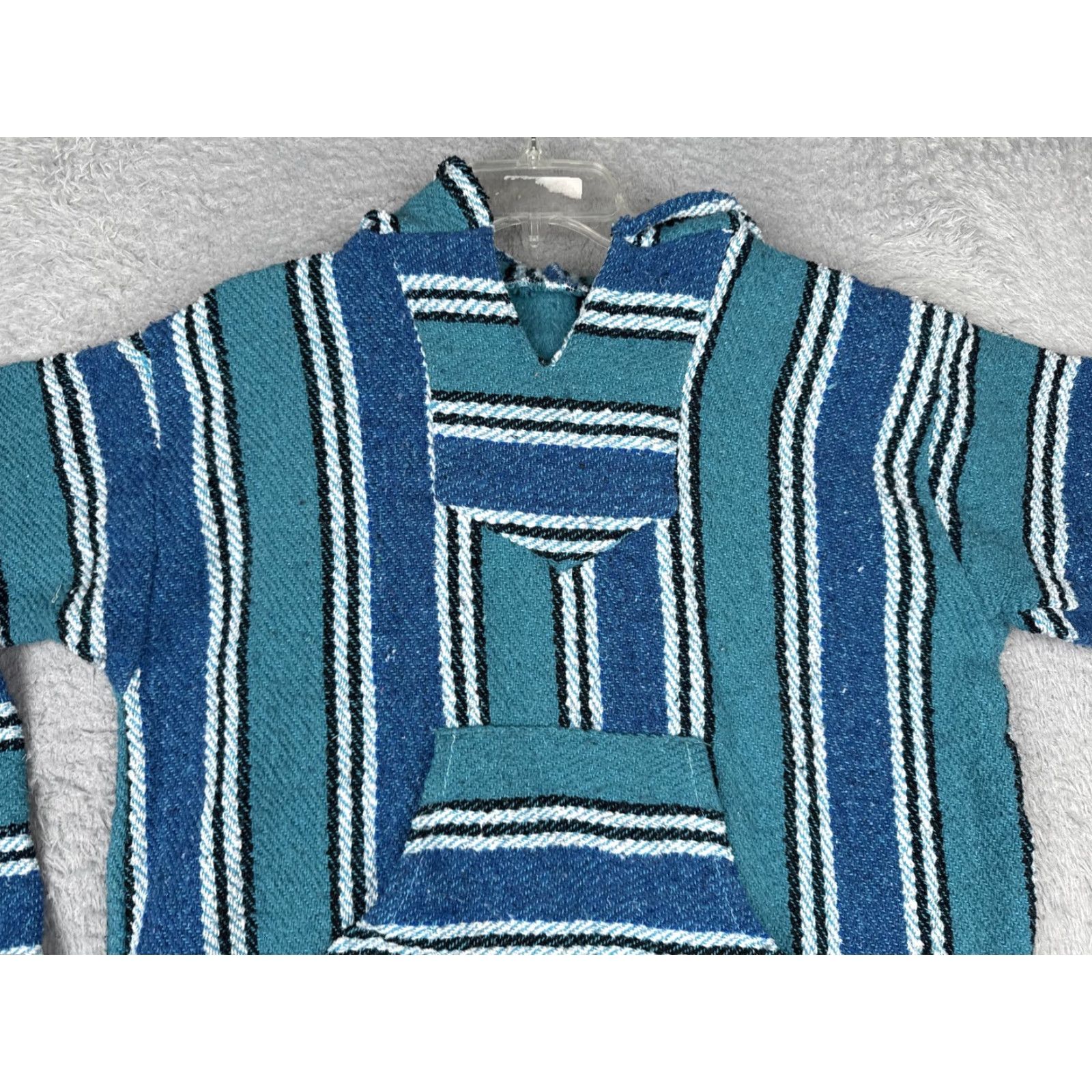 KangaROOS Baja Hoodie Mens Small Blue Striped Heavyweight Kangaroo Pocket Drug Rug Poncho Hooded V-Neck Knit Pullover Hippie Seasonal Fall Winter Mens, M Size US M / EU 48-50 / 2 - 4 Thumbnail