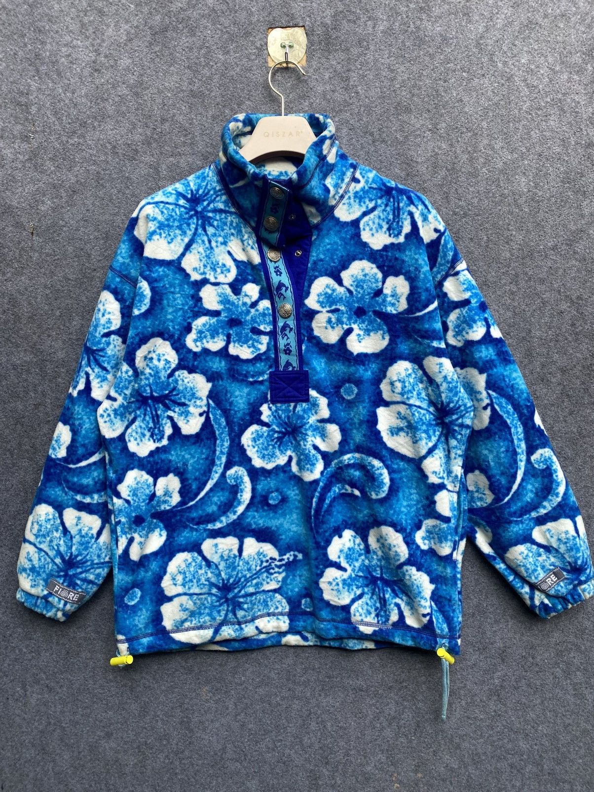 Vintage JOJO FIORE Blue Hibiscus Pattern Fleece Quarter-Snap Pullove Size US S / EU 44-46 / 1 - 1 Thumbnail