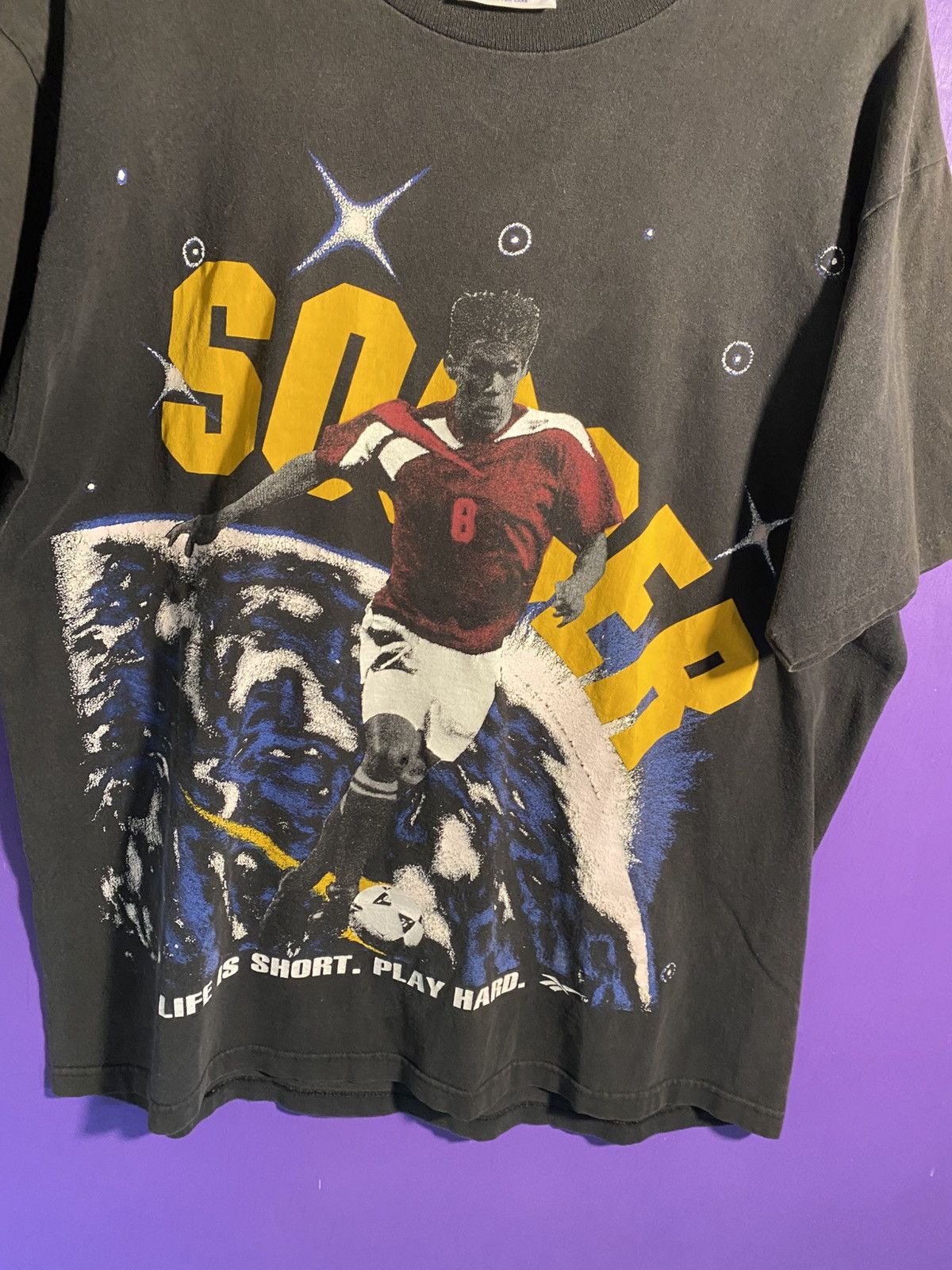 Reebok Vintage 90s Reebok life’s short play hard Soccer t-shirt Size US L / EU 52-54 / 3 - 3 Thumbnail