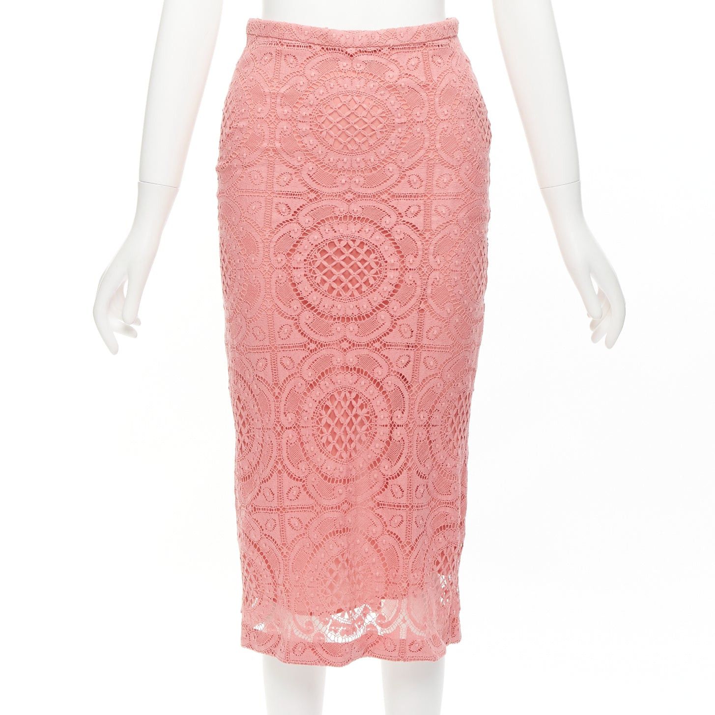 Burberry BURBERRY Runway pink cotton blend floral lace high waisted pencil skirt IT36 XXS Size 25" / US 0 / IT 36 - 1 Thumbnail