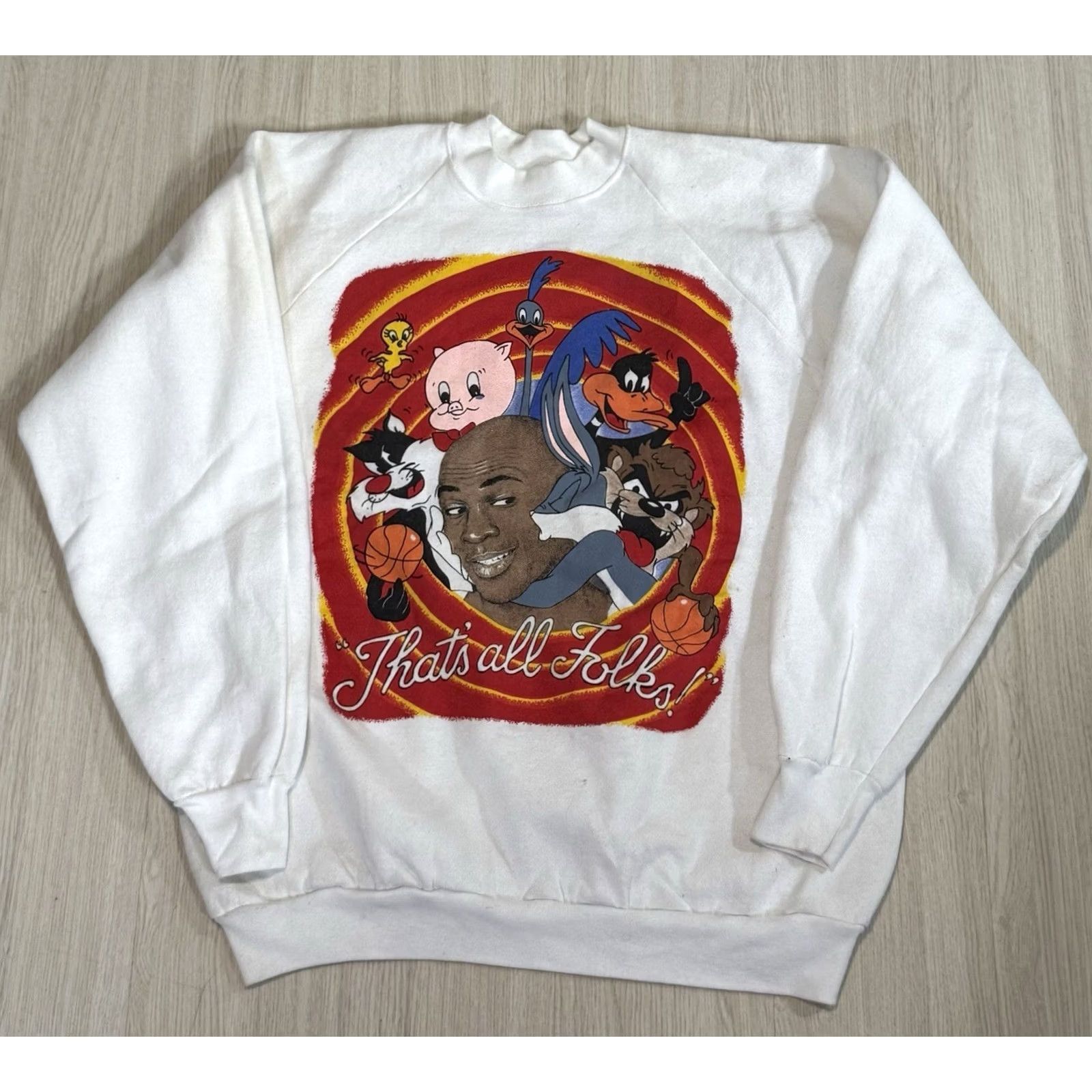 Fruit Of The Loom VINTAGE Michael Jordan Space Jam That’s All Folks Sweatshirt XL White Cotton Pullover Size US XL / EU 56 / 4 - 2 Thumbnail