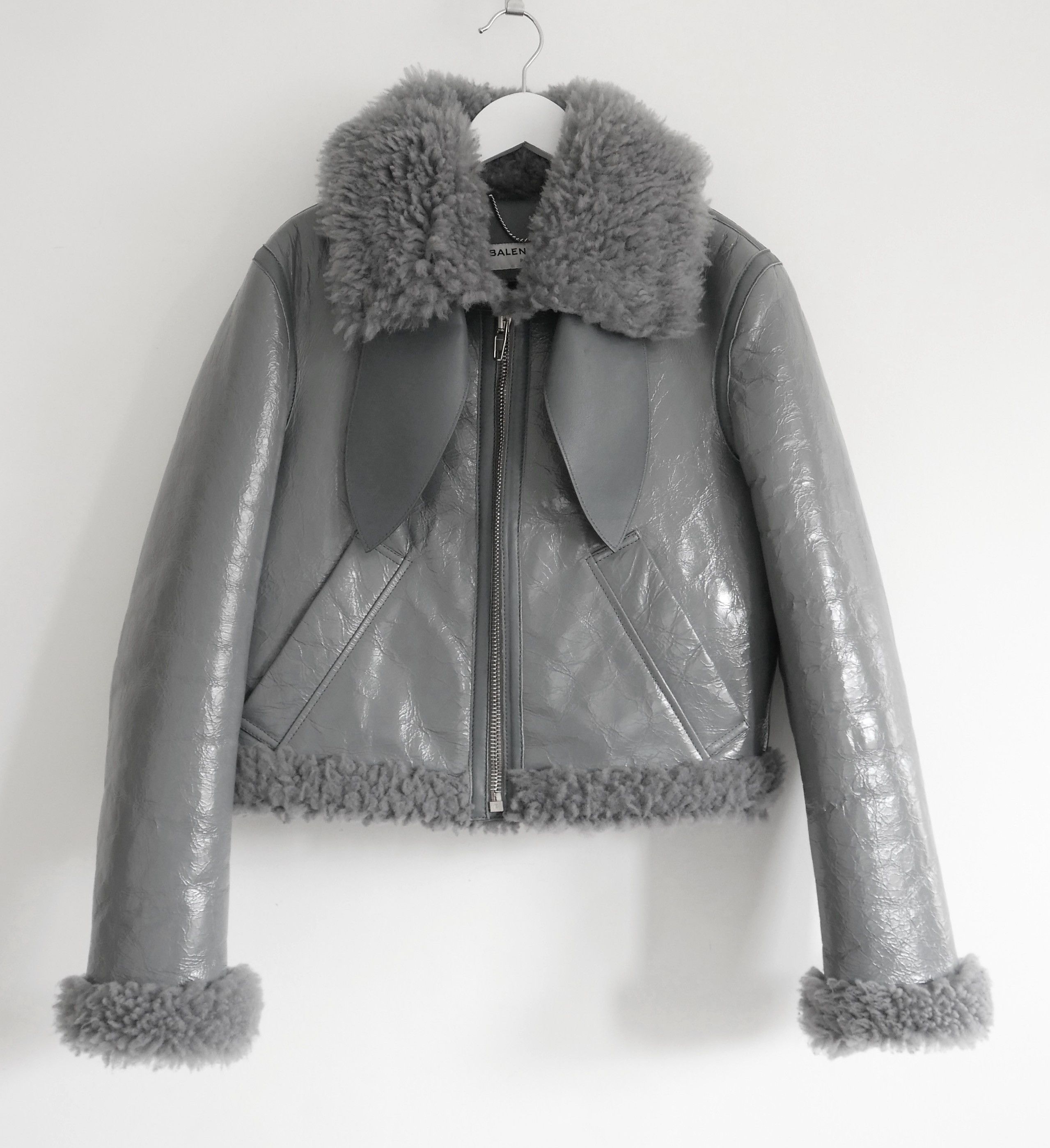 image of Balenciaga X Demna Gvasalia Patent & Shearling Biker Jacket in Grey, Women's (Size XS)