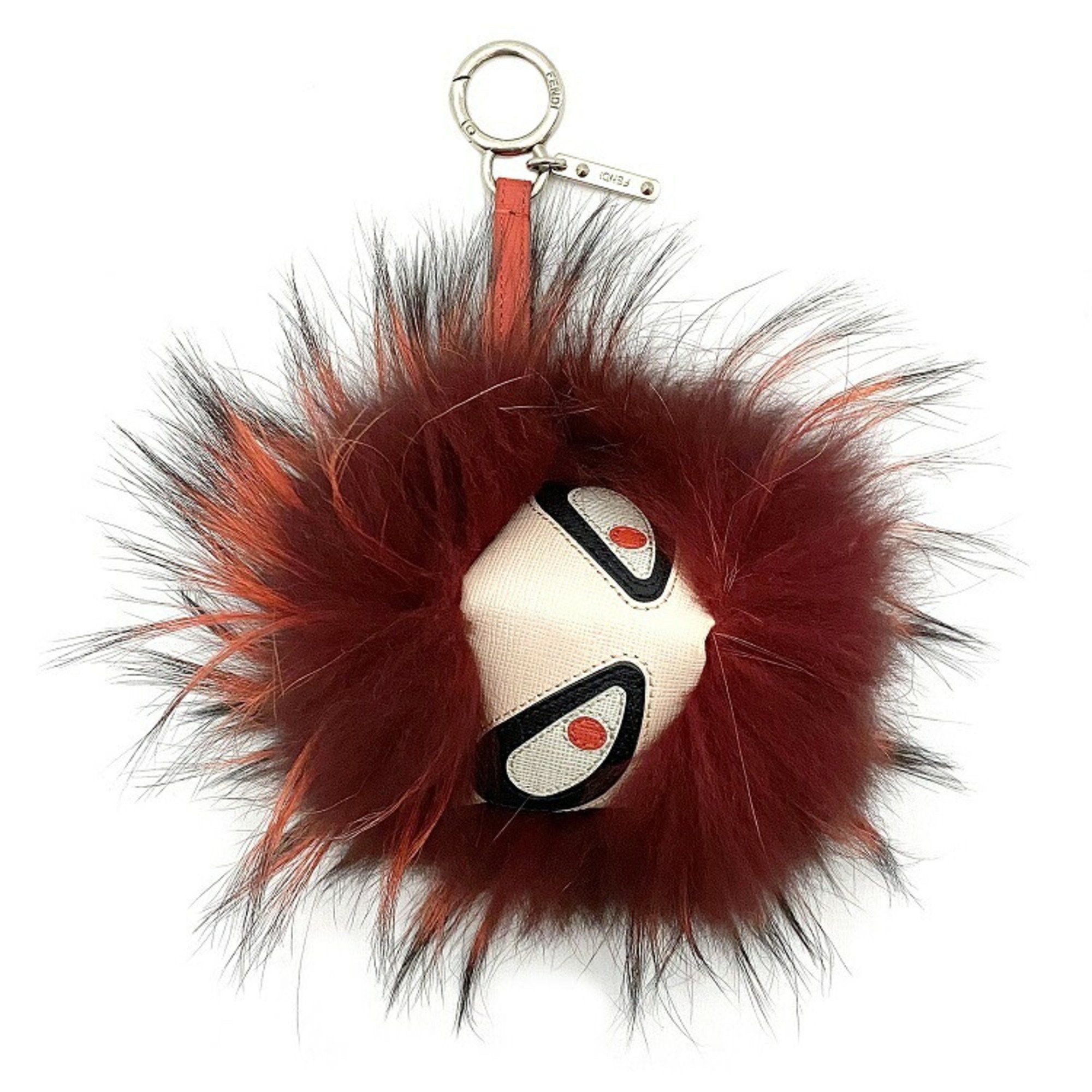 image of Fendi Keychain Bag Bugs Bordeaux Red Beige Silver Monster 7Ar683 Fur Leather Charm Kabuki Accent Im