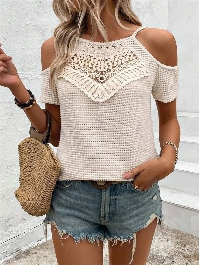 Other Lace Patchwork Knitting Off-the-shoulder Strap T-shirt Top Size L / US 10 / IT 46 - 4 Thumbnail