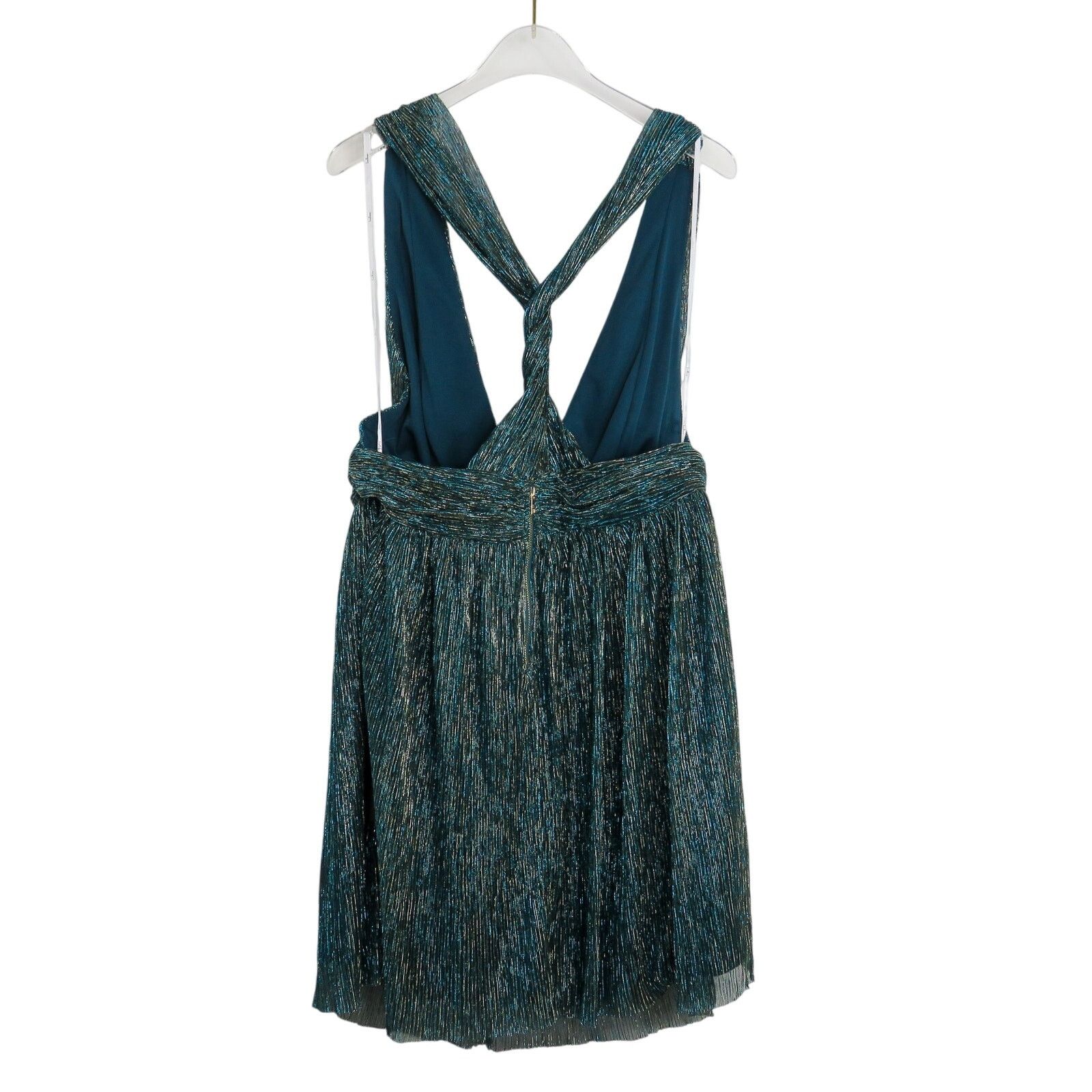 Lulus Lulus Ailey Gold Teal Blue Skater Dress Sparkly V-Neck Large Size L / US 10 / IT 46 - 7 Thumbnail