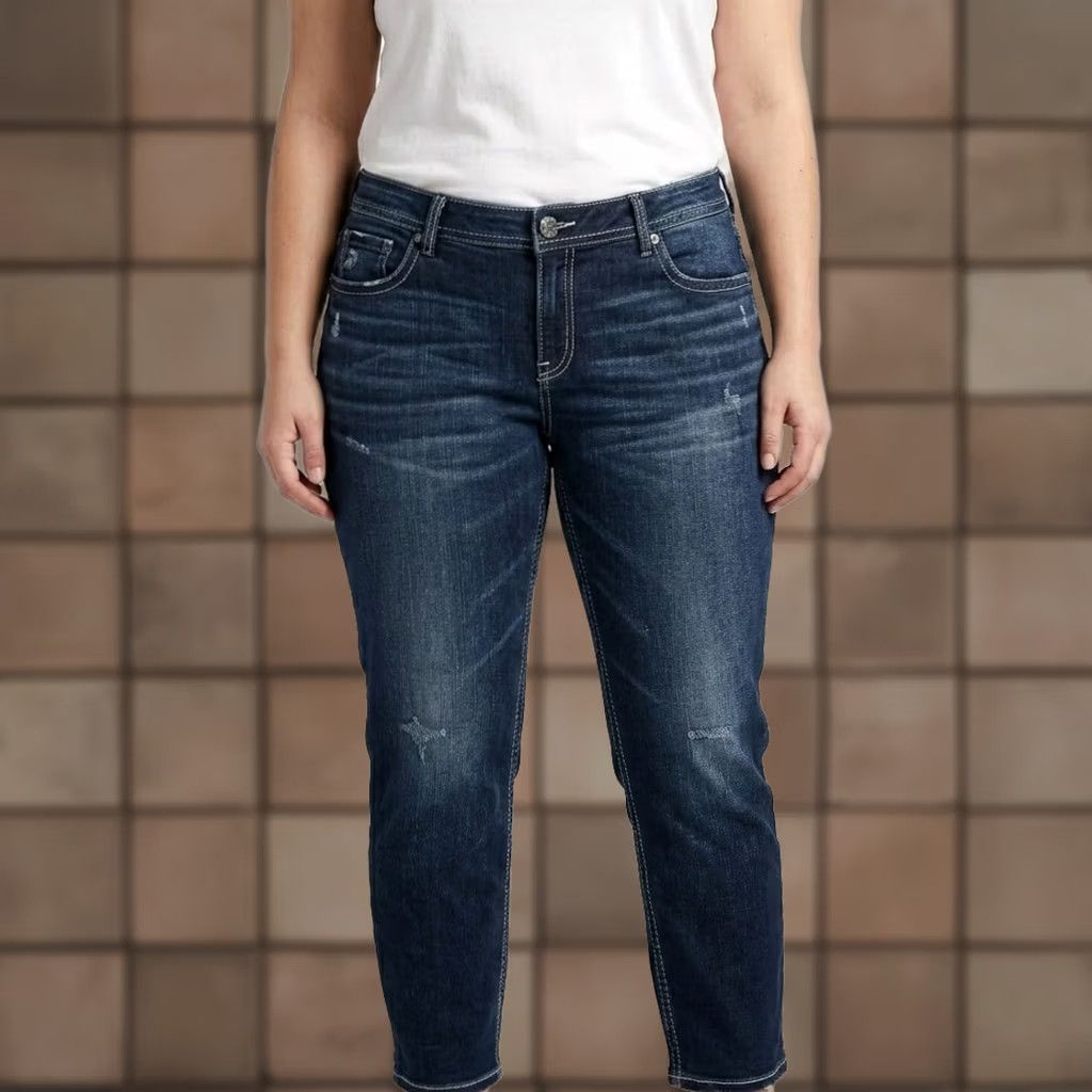 Silver Jeans Co. Silver Jeans Co. Boyfriend Jeans Dark Wash Denim Distressed Size W22/L29 Fluid Size 40" / US 18 - 1 Thumbnail