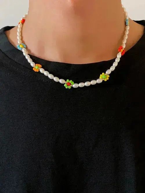 Jewelry x Vintage Retro Punk Necklace Pearl Choker Flower Charm in White, Men's