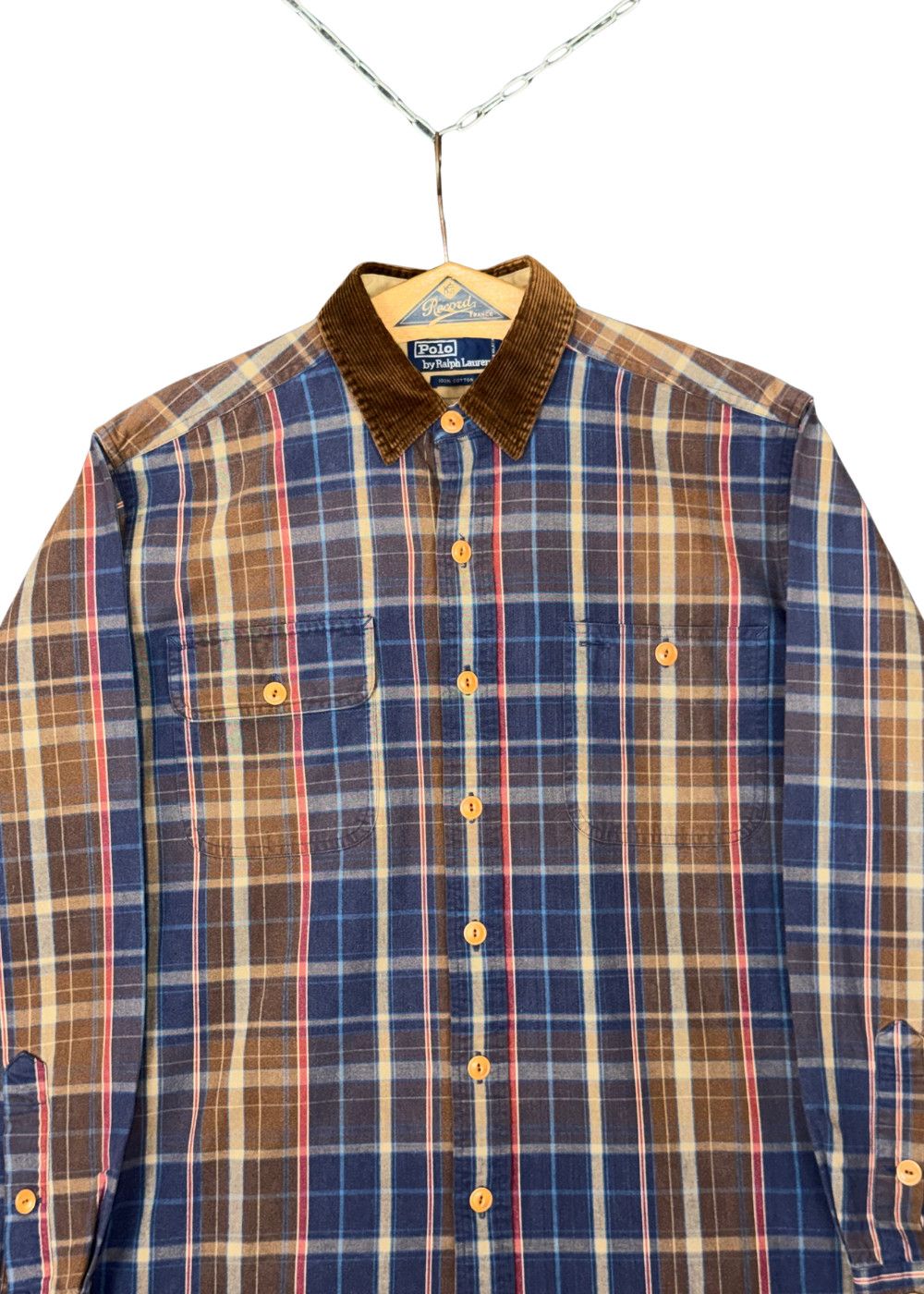 Vtg PRL Corduroy Collar Plaid Hunting Field Shirt Size M image 6